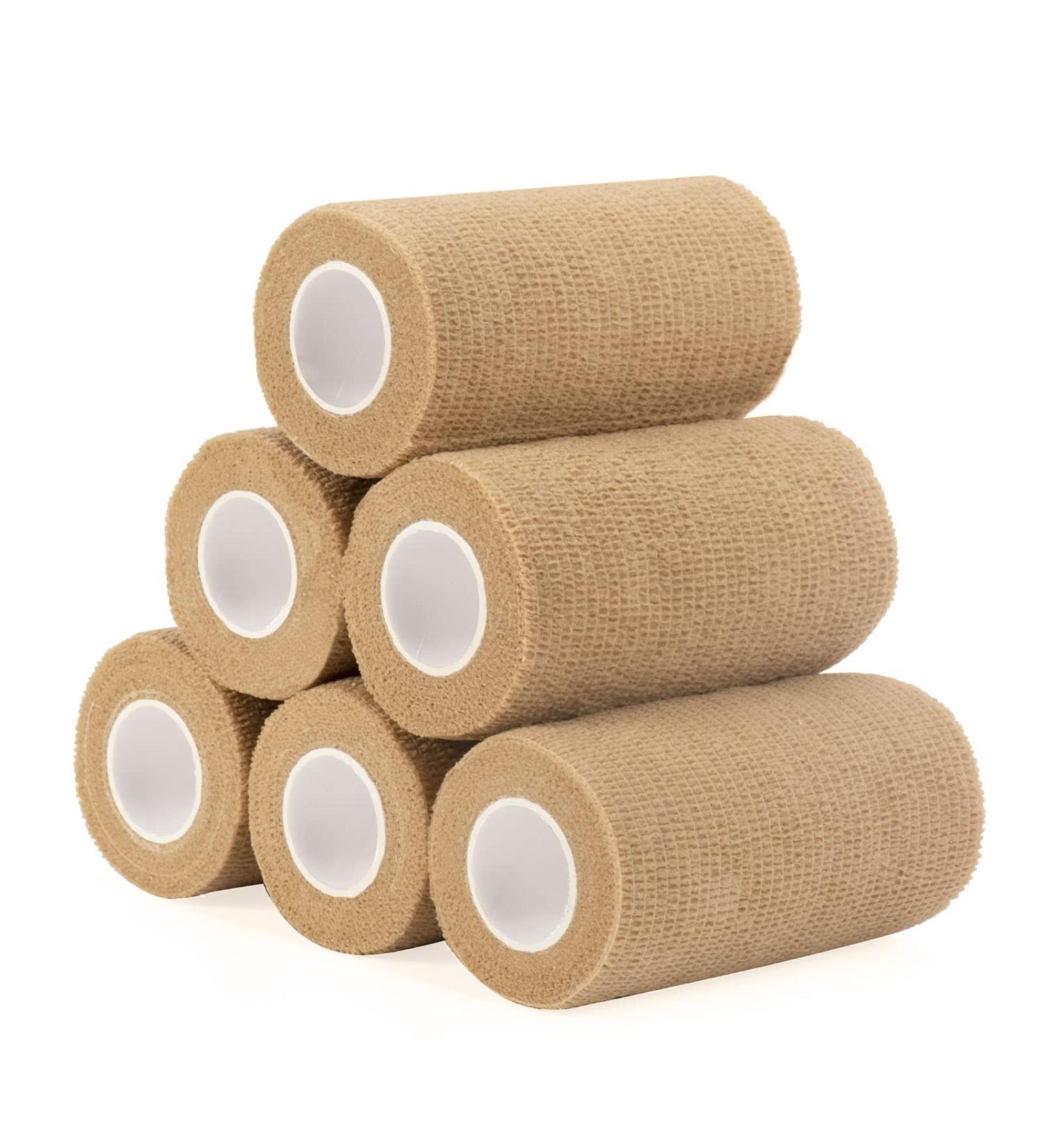 Self-Adhesive Fixing Bandage 10cm x 4.5m - 6 Rolls | Cohesive Elastic Bandage for First Aid Dog Veterinary Wrapping & Sports | Skin Color - Buy Online on GoSupps.com