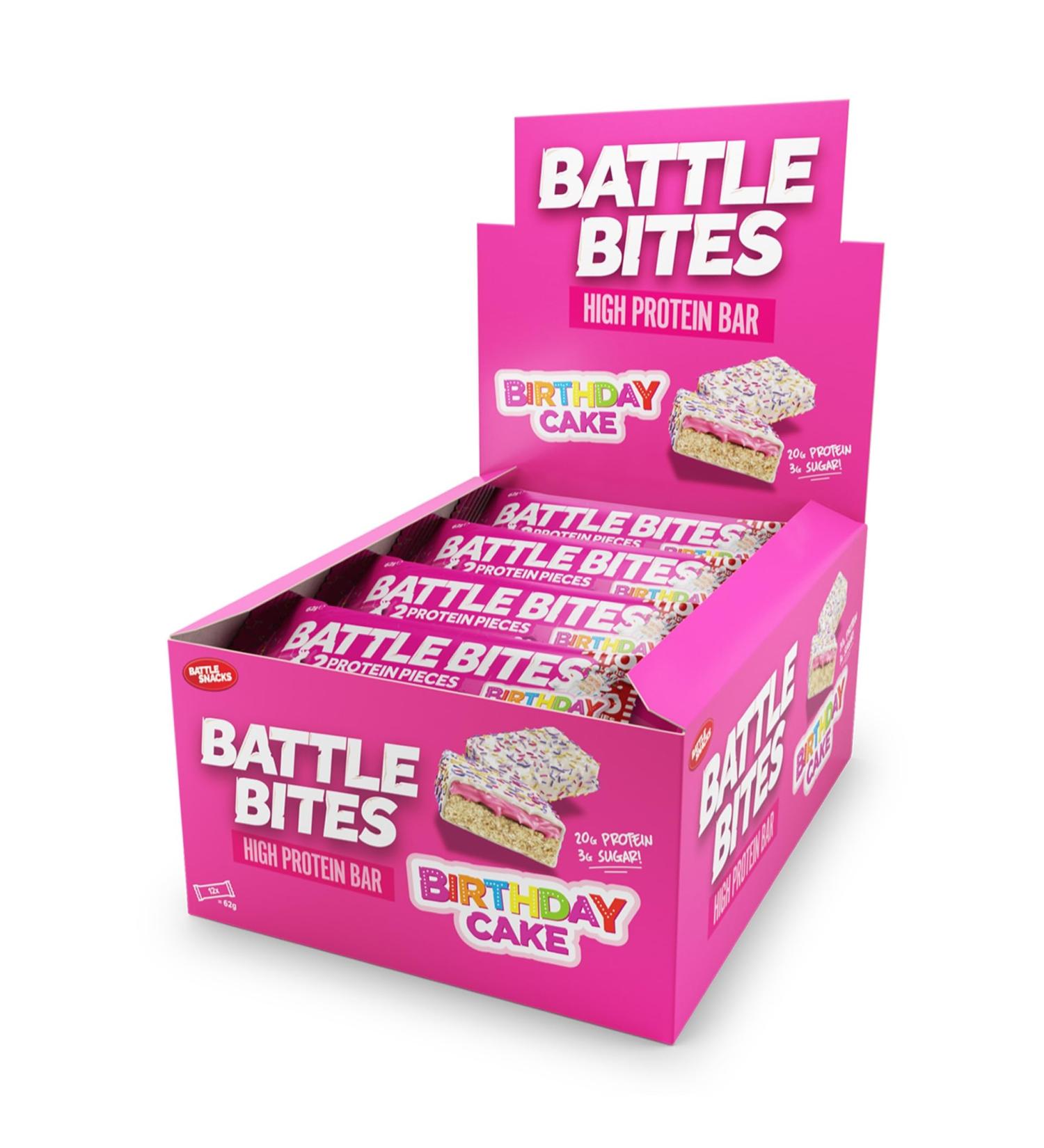 Battle Bites Birthday Cake Protein Bars 12 x 62g | High Protein, Low Carb/Sugar - Buy Online on GoSupps.com