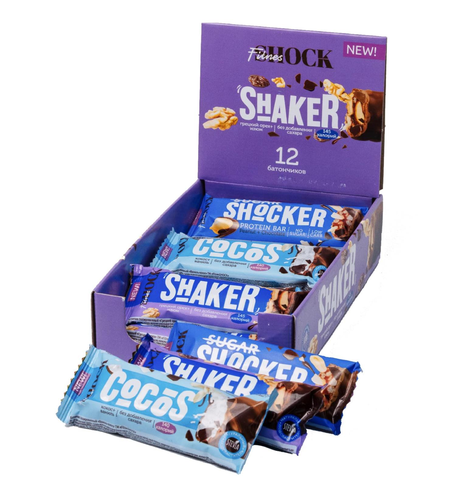 FitnesSHOCK Protein Bar Mix Box in Milk Chocolate Fitness Bars No Added Sugar 12-Pack Protein Bars Low Calorie Soft Nut Bars Low Carb Palm Oil-Free High in Fiber Coconut Walnut Peanut 12x35g Mix Box 35g - Buy Online on GoSupps.com