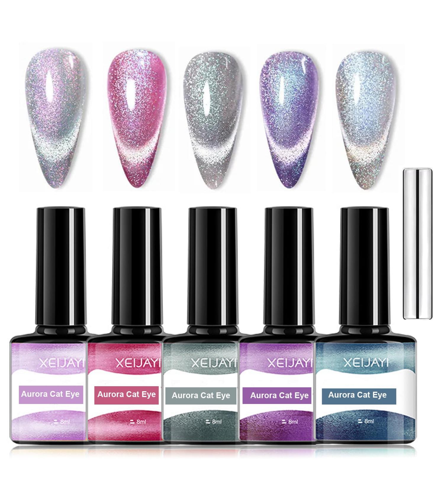 Holographic Glitter Gel Nail Polish - Cat Eye Gel Polish Kit with Magnet - 5 Colors Glitter Phantom Chameleon Magnetic Gel Nail Varnish - Soak Off UV Gel Nail Polish Home DIY Manicure - Buy Online on GoSupps.com