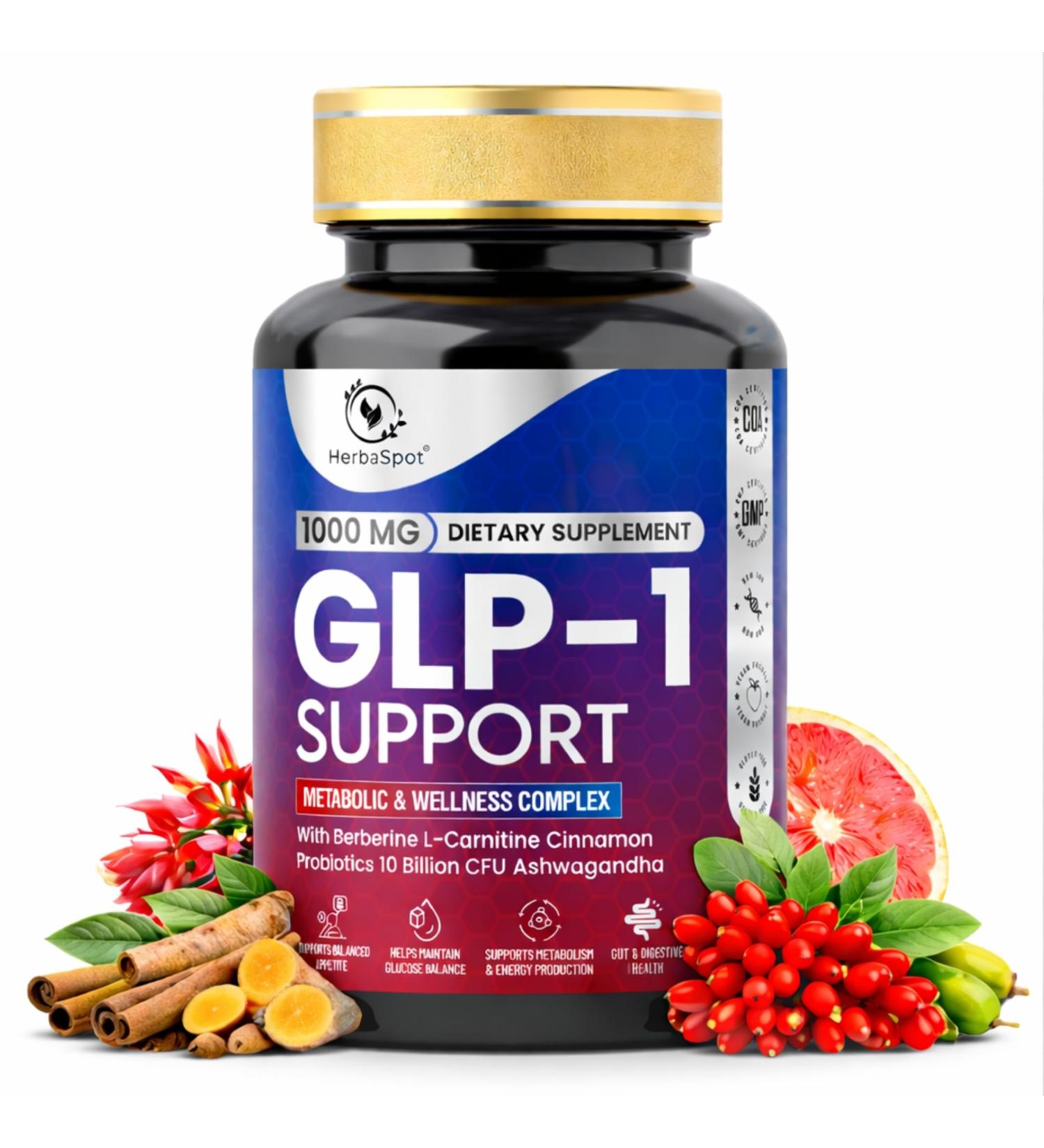 HerbaSpot GLP-1 Supplement 1000 mg with Berberine L-Carnitine Ashwagandha | Metabolism Support for Satiety & Craving Control | Probiotics 10 Billion CFU for Gut Health & Healthy Energy 60 Capsules - Buy Online on GoSupps.com
