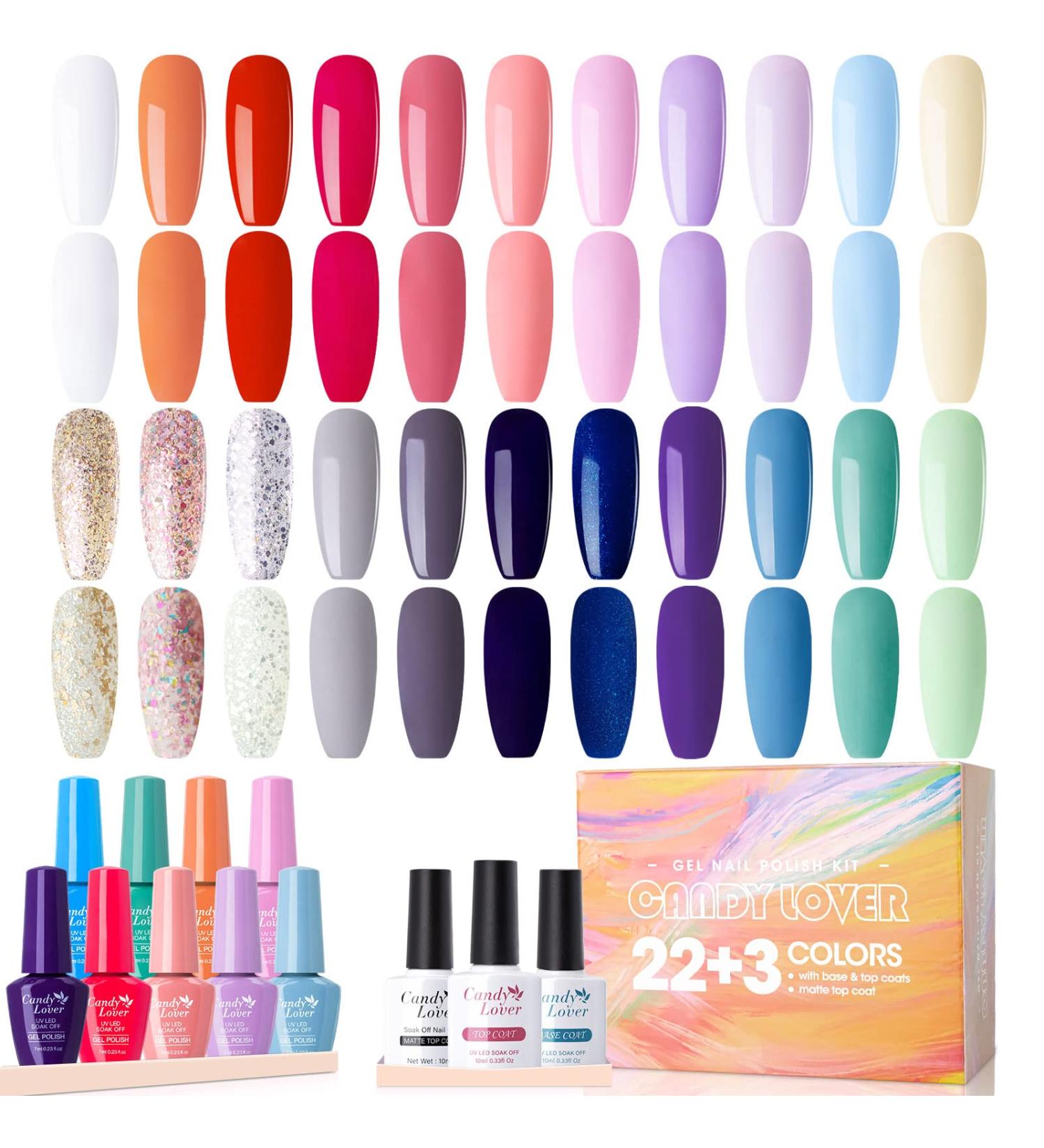 Candy Lover Gel Nail Polish Kit - 25 Pcs Spring Set with Base, Top Coat, Matte & Glitter Shades - UV Soak Off Gel Nails - Perfect Gift for Women and Girls - Buy Online on GoSupps.com