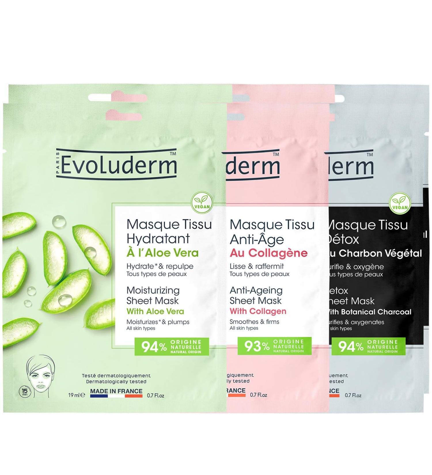 Evoluderm EVOLUDERM - Set of 6 Anti-Aging Fabric Masks (x2) + Moisturizing (x2) + Detox (x2) - 18ml - Natural Ingredients - Made in France