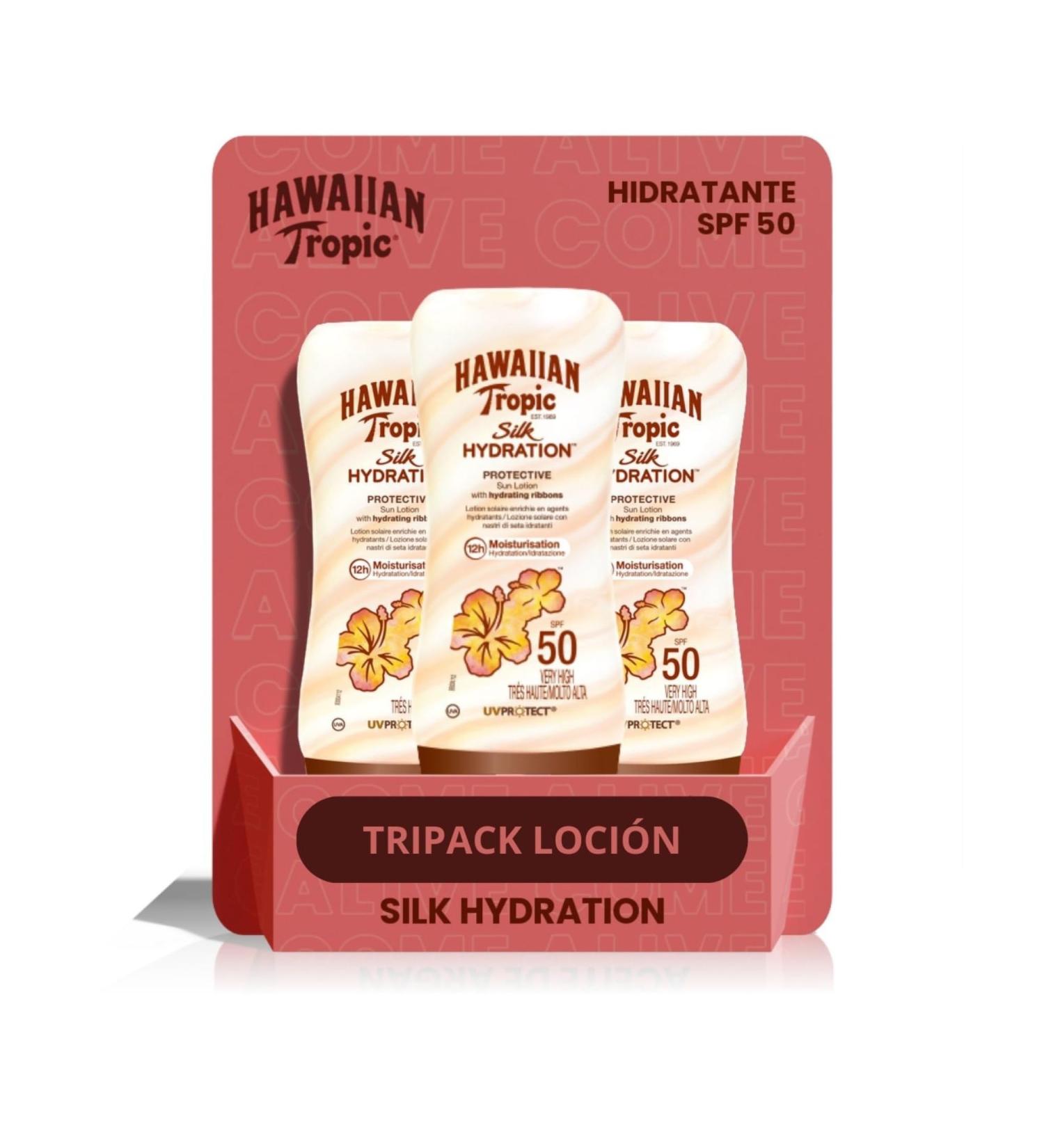 Hawaiian Tropic - Silk Hydration Protective SPF 50 - Protective sun lotion with moisturizing and water resistant silk ribbons tropical sunscreen pack of 3 units x 180 ml - Buy Online on GoSupps.com