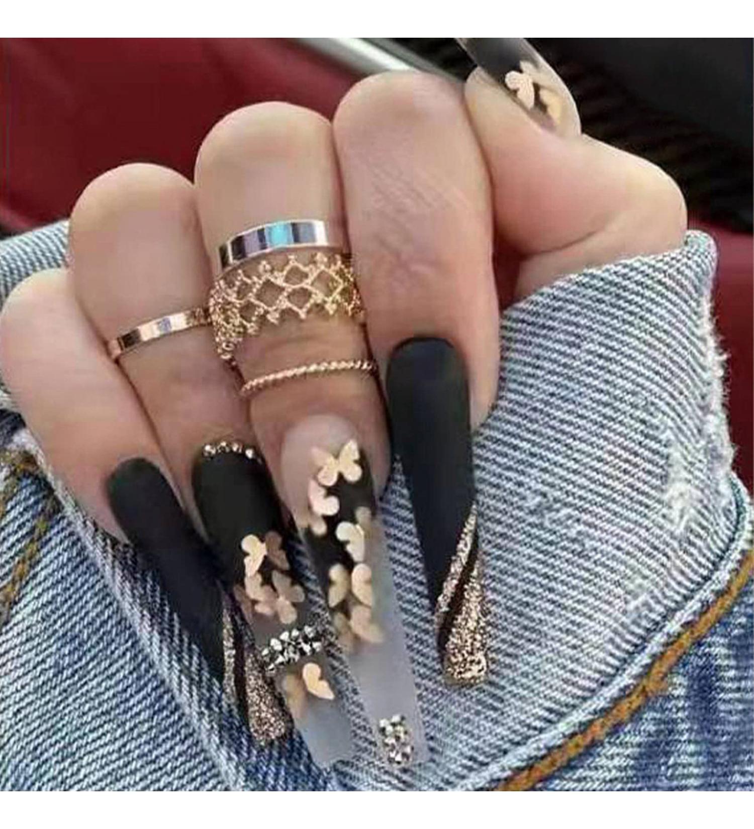 JustOTRY 24 Pcs Black Gold Glitter French Press On Nails with Butterfly Patterns - Long Ballerina Stick On Nails for Women | Acrylic Coffin False Nails with Glue - Nail Art - Buy Online on GoSupps.com
