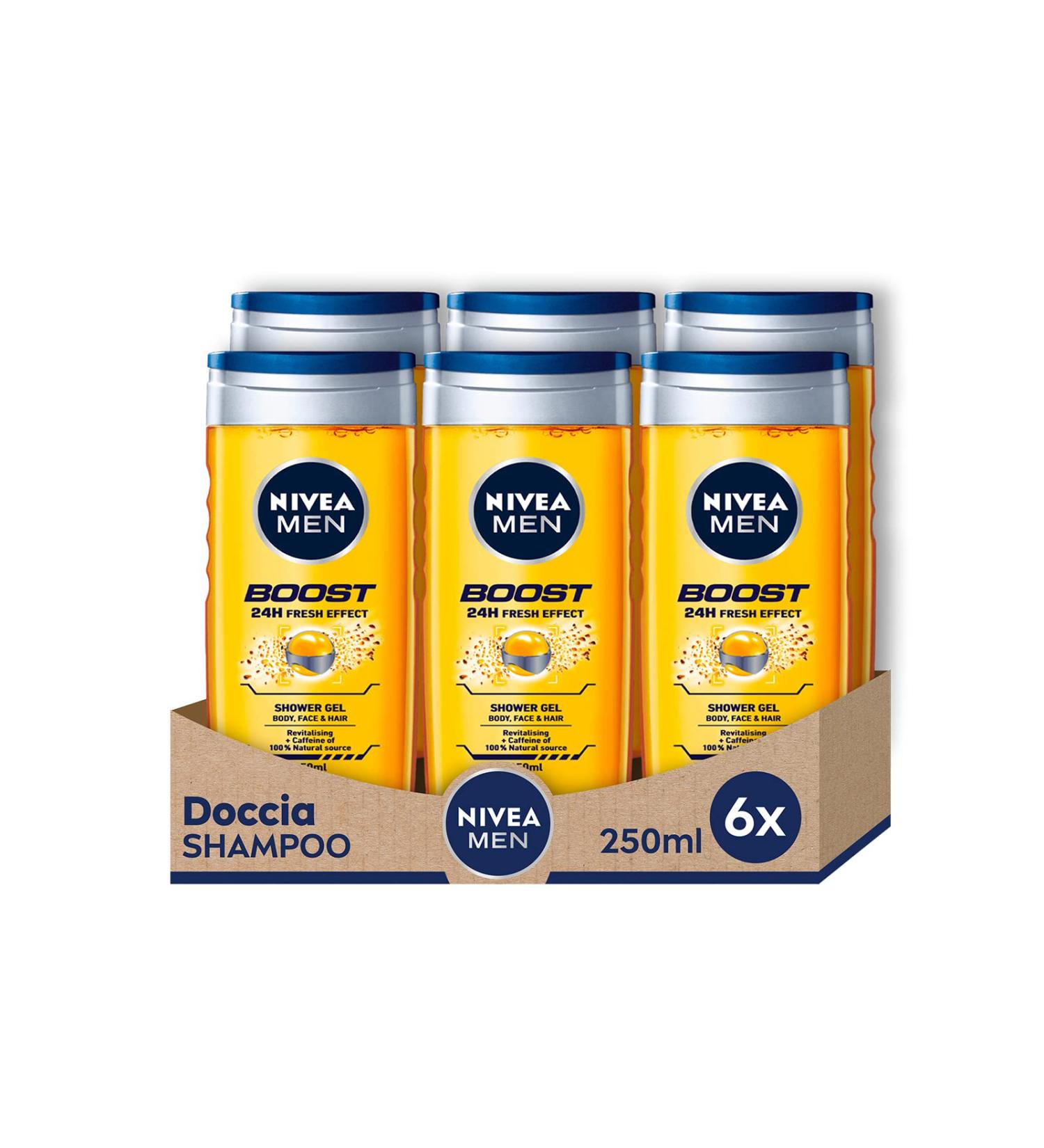  NIVEA MEN NIVEA MEN Shower Boost Shampoo 6 x 250 ml Men's Refreshing Body Shower for Body Face and Hair Energizing Men's Gel and Shampoo with Natural Caffeine - Buy Online on GoSupps.com