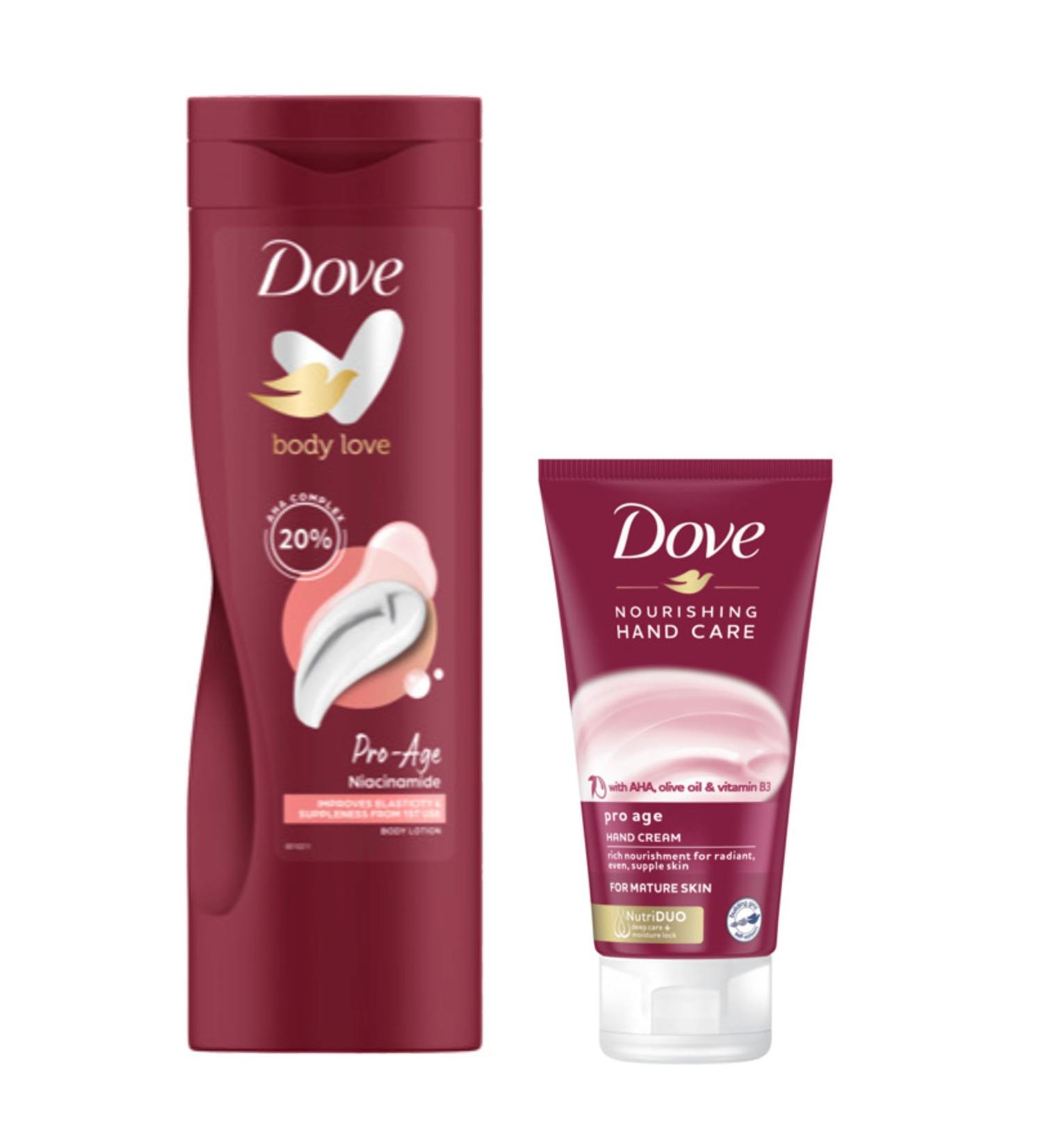 Dove Body Love Pro Age Body Lotion Improves elasticity & suppleness from 1st use & moisturiser for more elastic skin 400 ml & Dove Nourishing Hand Care Pro Age Hand Cream 75ml - Buy Online on GoSupps.com