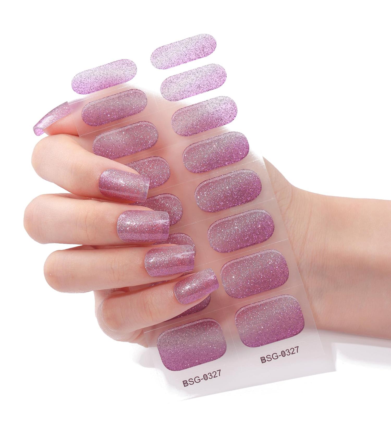 Glitter Pink Semi-Cured Gel Nail Strips - 16Pcs Full Wrap Stickers with Nail File - Waterproof & UV/LED Lamp Required - Buy Online on GoSupps.com