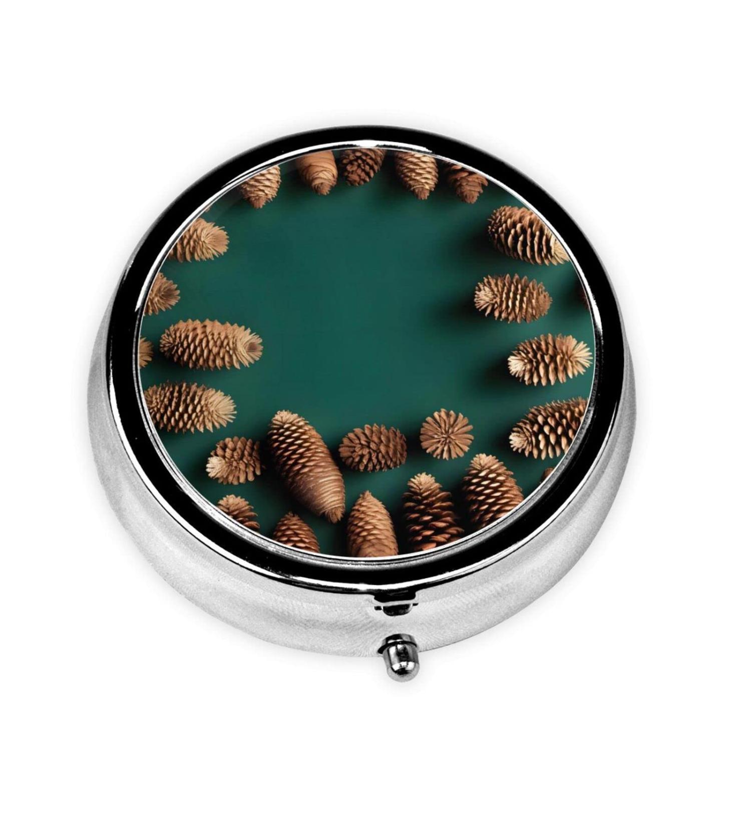 Pine Cone Border Round Pill Box | 3 Compartment Travel Organizer for Purse & Pocket - Buy Online on GoSupps.com