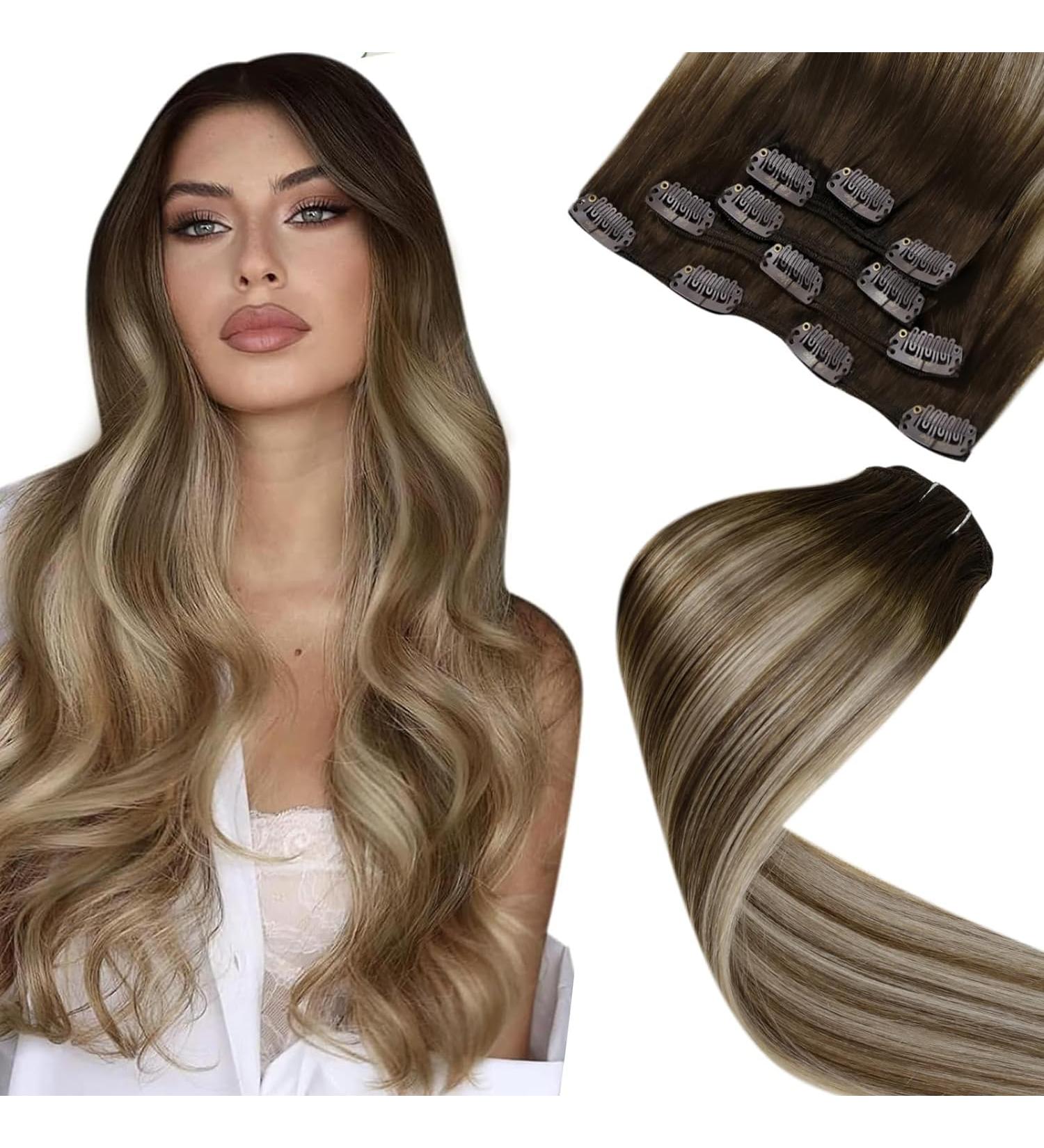 Laavoo Ombre Clip-In Hair Extensions - Real Remy Hair 70cm Dark Brown Balayage 5 Pieces Lightweight & Easy to Use - Buy Online on GoSupps.com