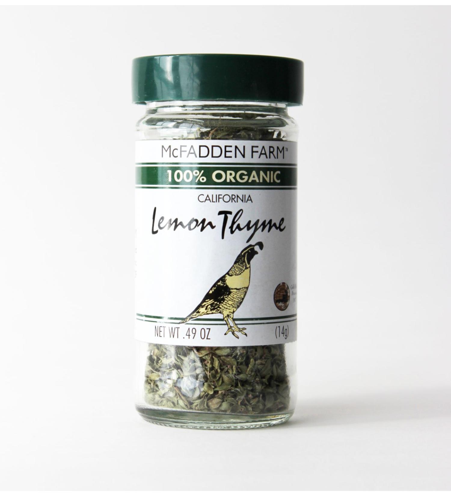 McFadden Farm Organic Lemon Thyme, Dried Herb, Grown and packed in the U.S.A., 0.49 oz. in glass jar
