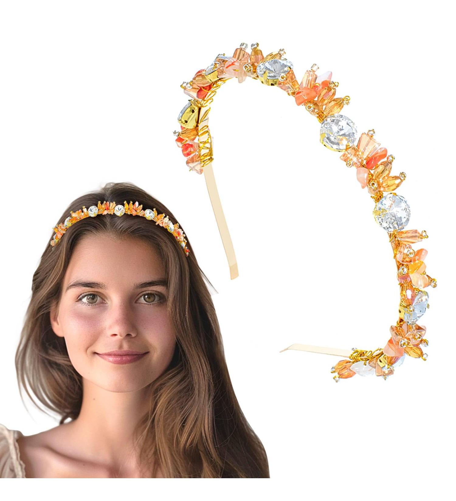 Silver Rhinestone Hairband Orange Crystal Headwear Jewelry Sparkly Hair Accessories for Women and Girls - Buy Online on GoSupps.com