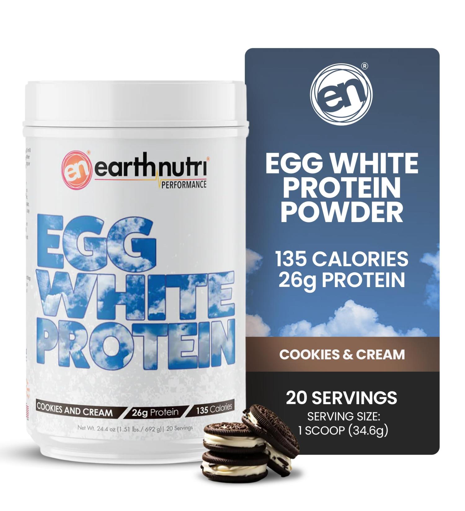 EarthNutri - Egg White Protein Powder Supplement for Pre Intra or Post Workout 26g of Protein Per Serving Supports Muscle Strength & Recovery No Artificial Additives - Cookies 20 Servings (640g) Cookies & Cream - Buy Online on GoSupps.com