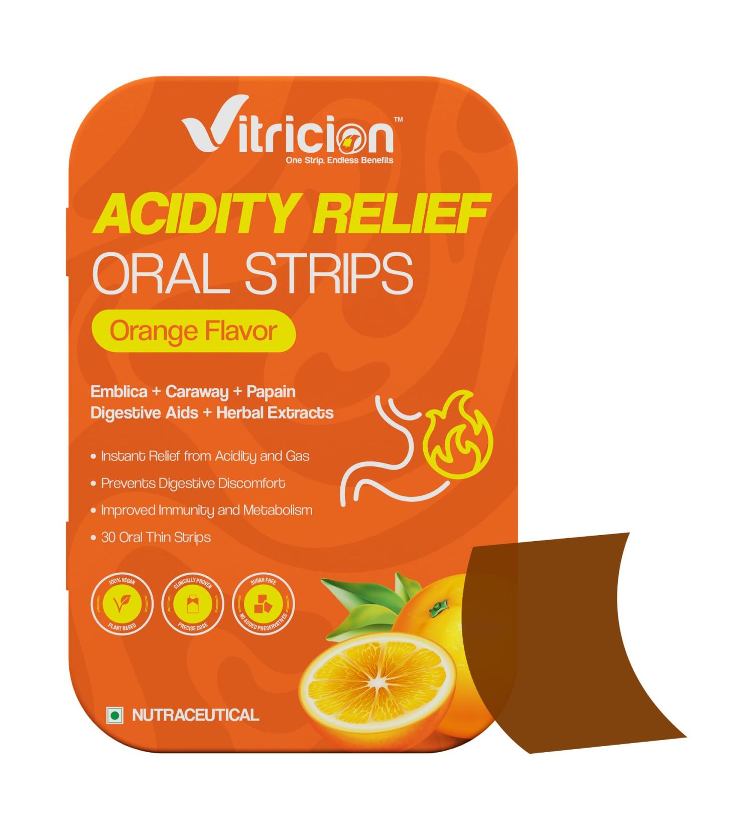 Acidity Relief Oral Strips 30 Strips Fast-Dissolving Supplement for Acid Reflux Bloating & Gas Natural Digestive Support for Men & Women Orange Flavor Pack of 01 (30 Count) - Buy Online on GoSupps.com