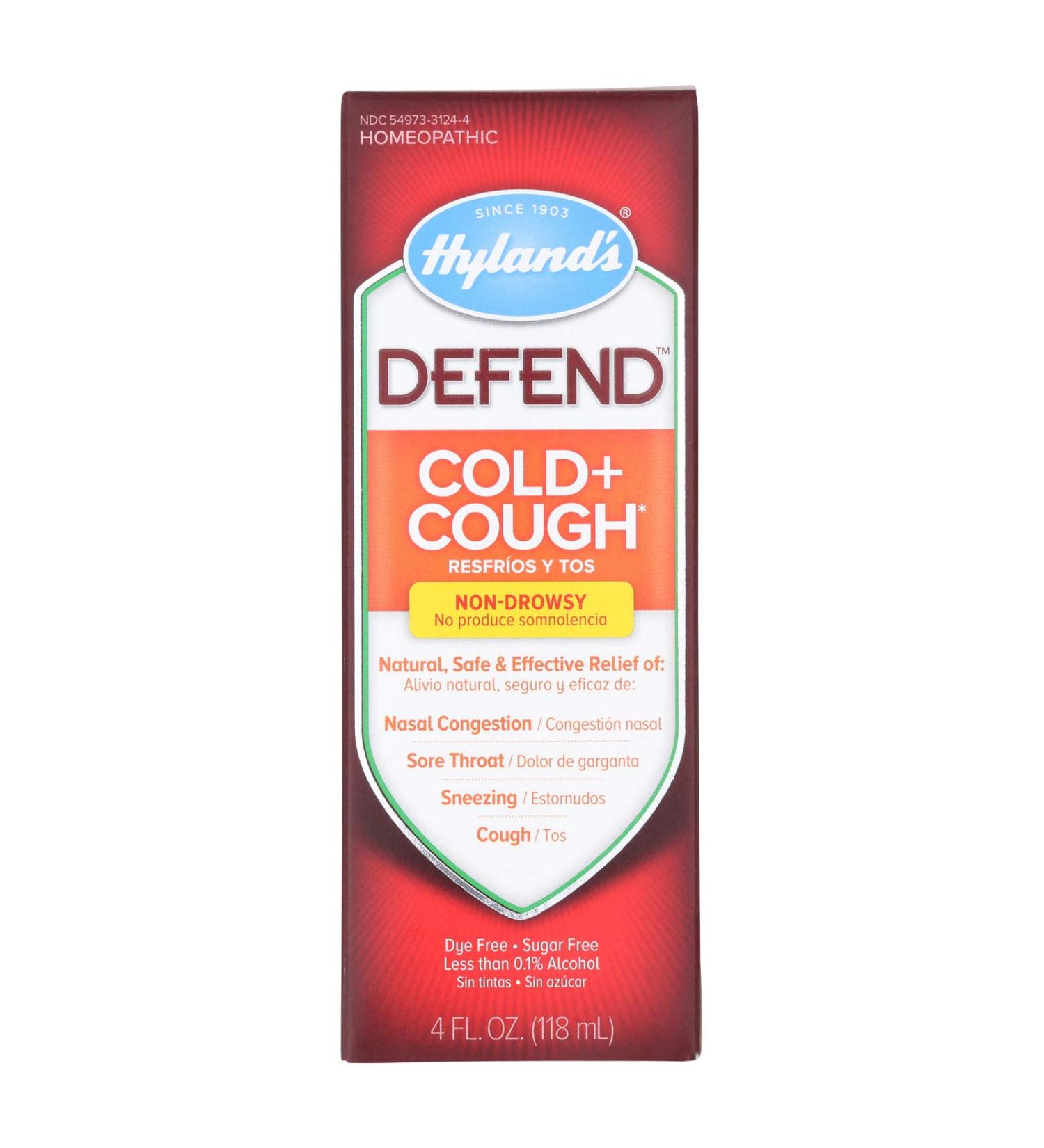 Cold and Cough Medicine by Hyland's Defend Non-Drowsy Cough Syrup Decongestant and Sore Throat Relief Natural Cold Medicine for Adults 4 Oz