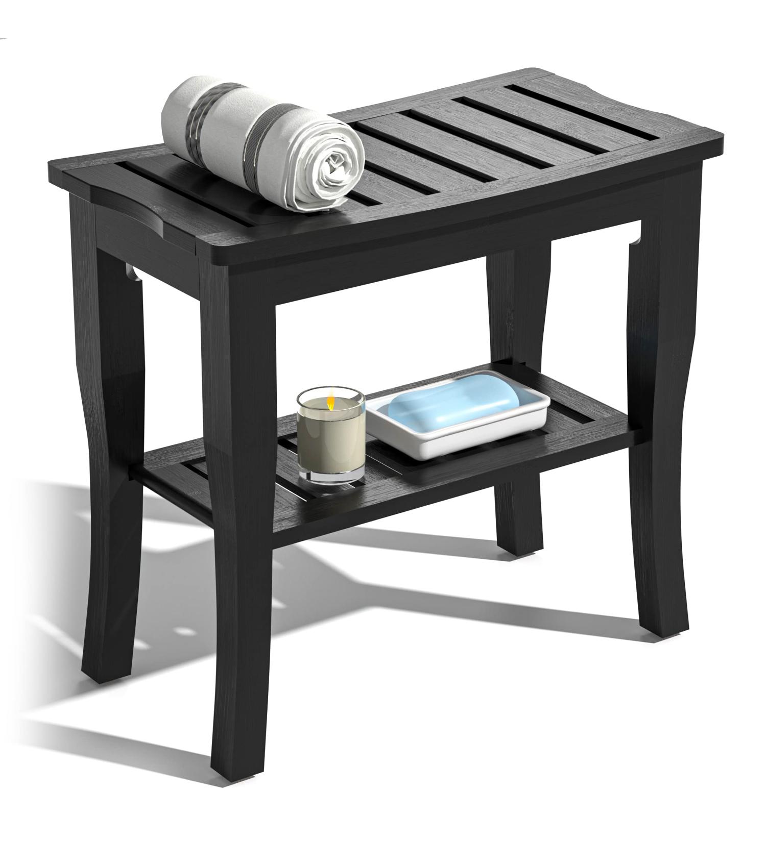 Bamboo Shower Bench & Stool Waterproof - Wood Shower Bench with Storage Shelf for Inside Shower(Black) Black 18.9"x18.11"x9.96" - Buy Online on GoSupps.com