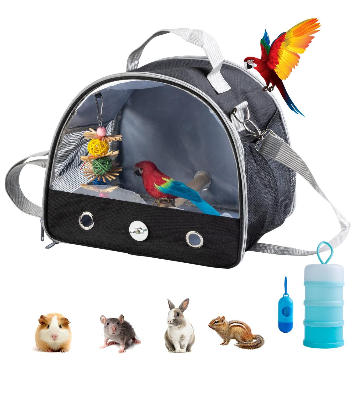 Bird Carrier Travel Cage Parrot - Lightweight Pet Travel Bag with Feeder Cups and Standing Perch | Outgoing Bag for Small Animals - Black - Buy Online on GoSupps.com