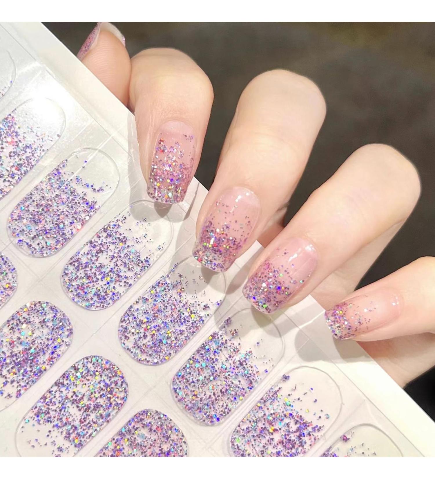 Semi Cured Gel Nail Strips 22 Stickers Semi Cured Gel Nail Wraps Purple Glitter Gel Nail Stickers Nail Strips Easy Apply & Remove for Salon-Quality Manicure UV/LED Lamp Required - Buy Online on GoSupps.com