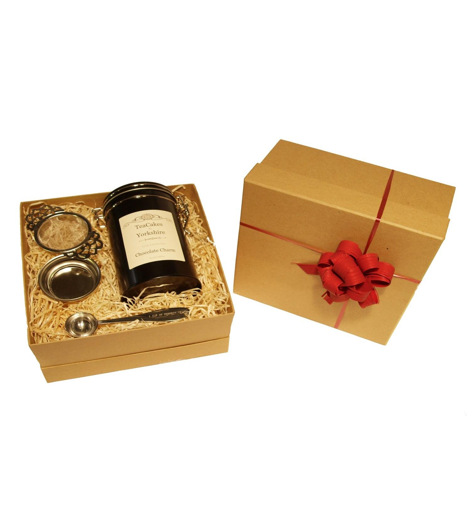 Rooibos Chocolate Charm Tea Gift Set Loose Leaf 100g in Caddy Wrapped with Tea Strainer and Measuring Spoon by TeaCakes of Yorkshire. - Buy Online on GoSupps.com