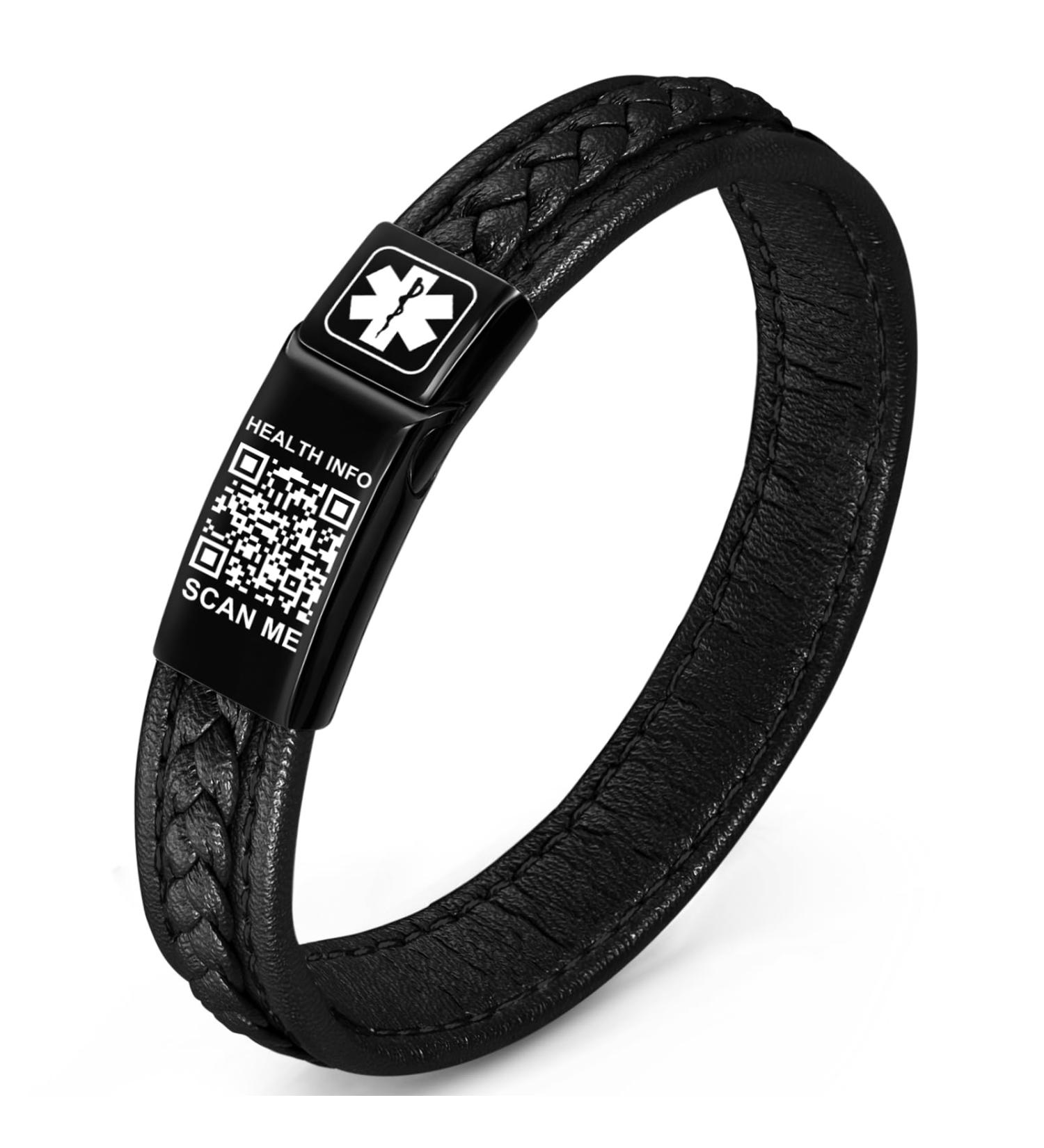 Upgraded Medical Bracelets for Men - QR Code Medical Alert ID Vintage Woven Leather Stainless Steel Buckle Emergency Info - 7.87 Black Wristband - Buy Online on GoSupps.com