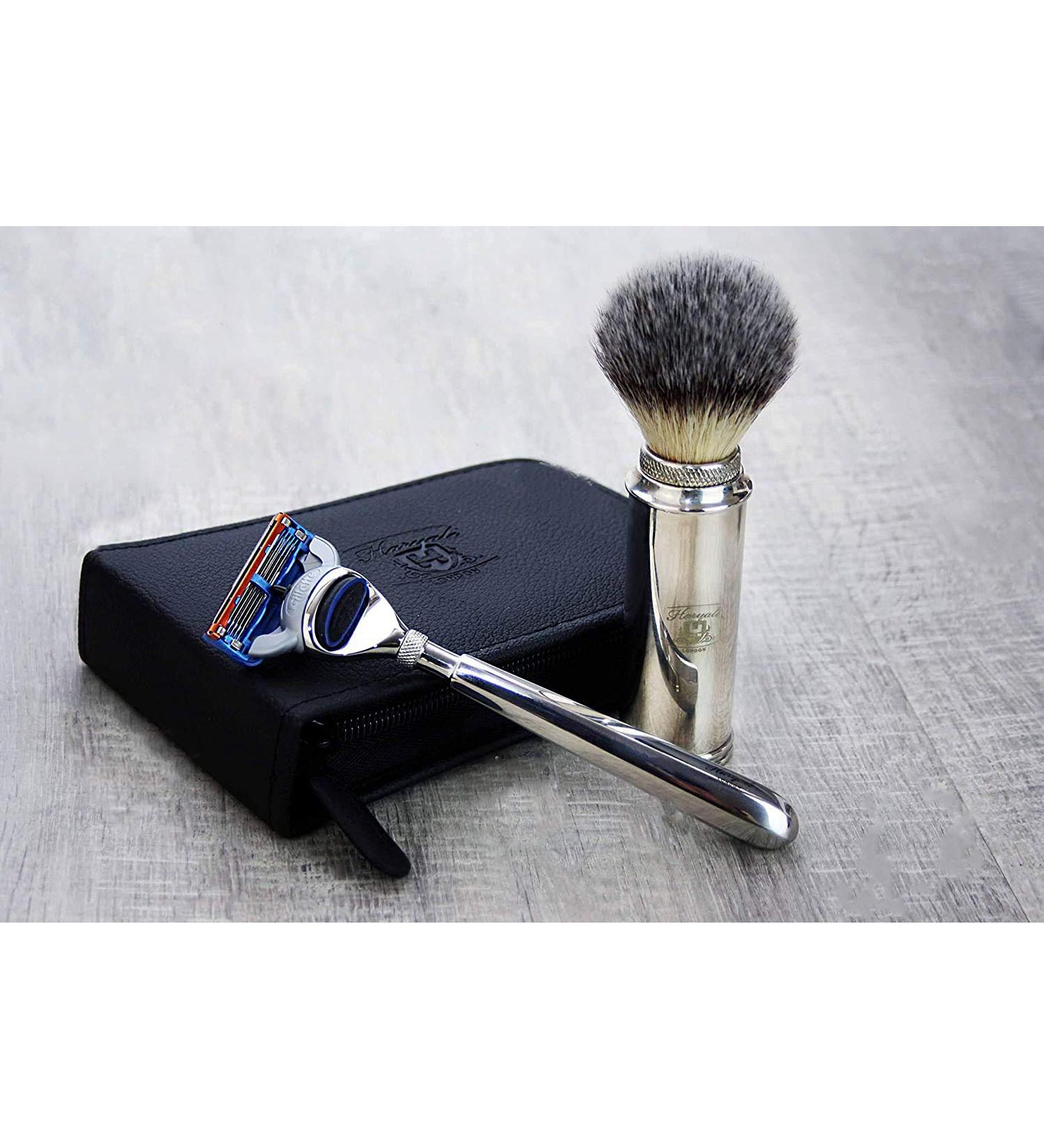 Buy Haryali London Synthetic Badger Razor & Shaving Brush Set with 5 Blades in Leather Pouch - Premium Shaving Essentials for a Luxurious Grooming Experience - Buy Online on GoSupps.com