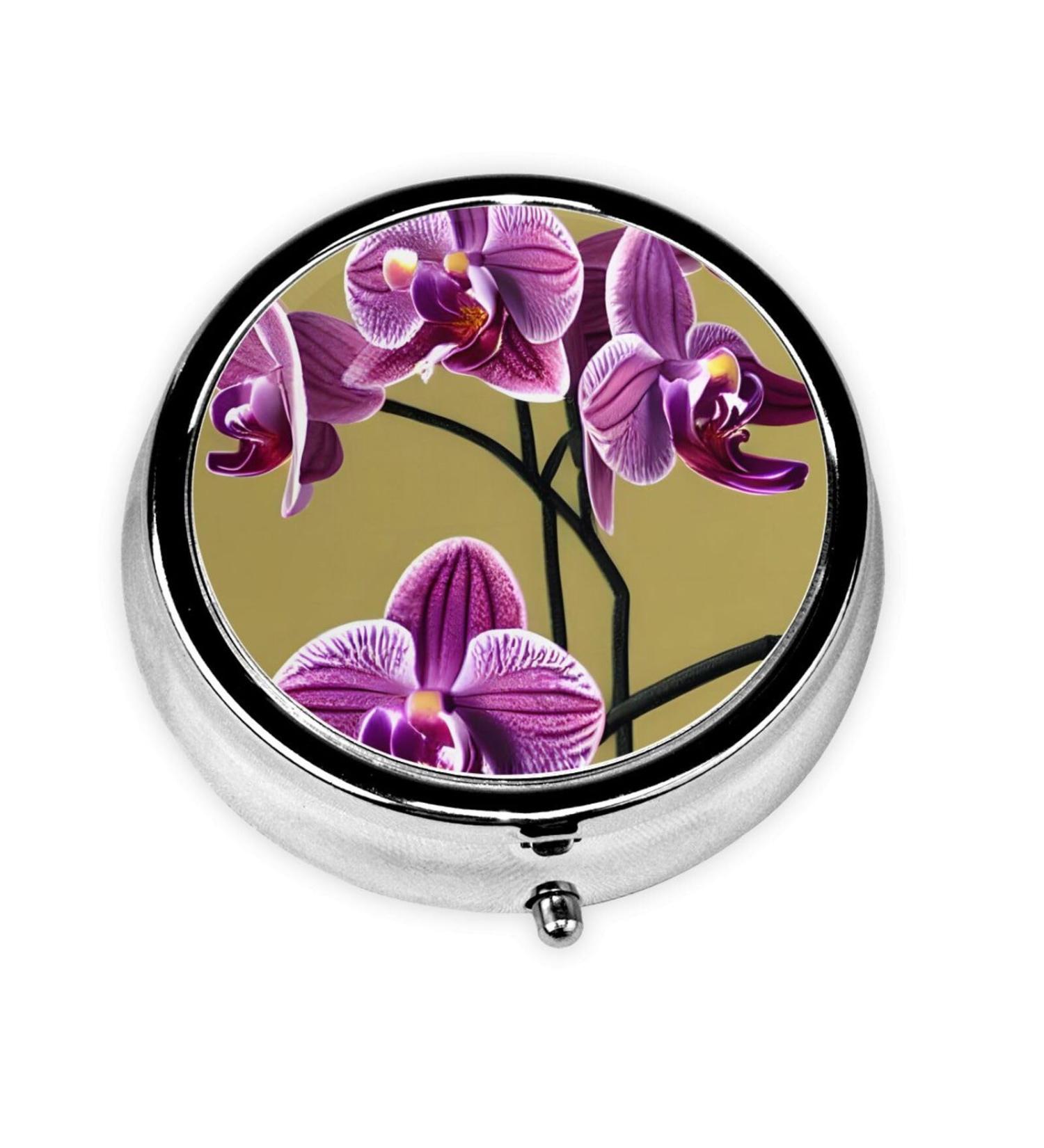 Beautiful Orchids Round Pill Box - 3 Compartment Pill Organizer for Travel & Purse | Portable Pill Storage - Buy Online on GoSupps.com
