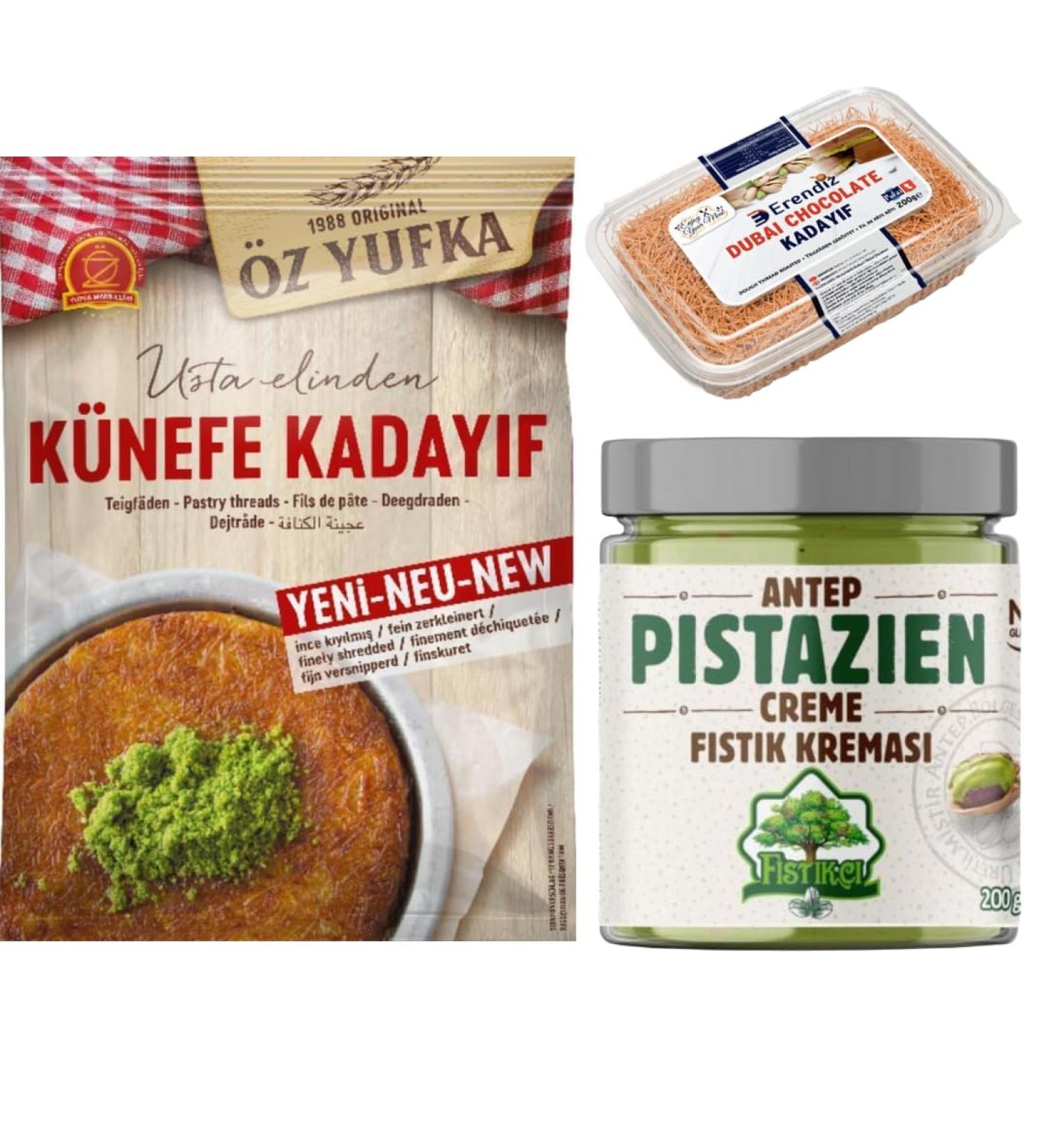 Pufai Erendiz Kadayif OZYUFKA Fresh Dough Yarn Kataifi Shredded Fillo Paste Kadaifi Threads Fresh Kadayif for Chocolate Dubai 250g with Pistachio Cream 200g - Buy Online on GoSupps.com