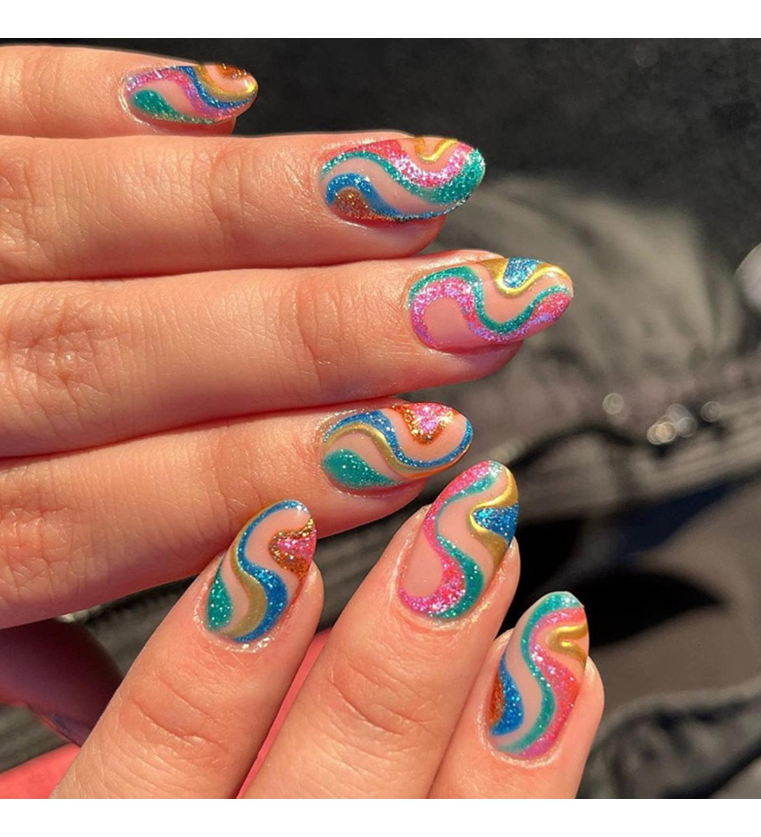 Justotry 24 Pcs Short Glitter Swirl Oval Press on False Nails with Nail Glue - Almond French Stick on Nails for Women - Wavy Green3 Design - Buy Online on GoSupps.com