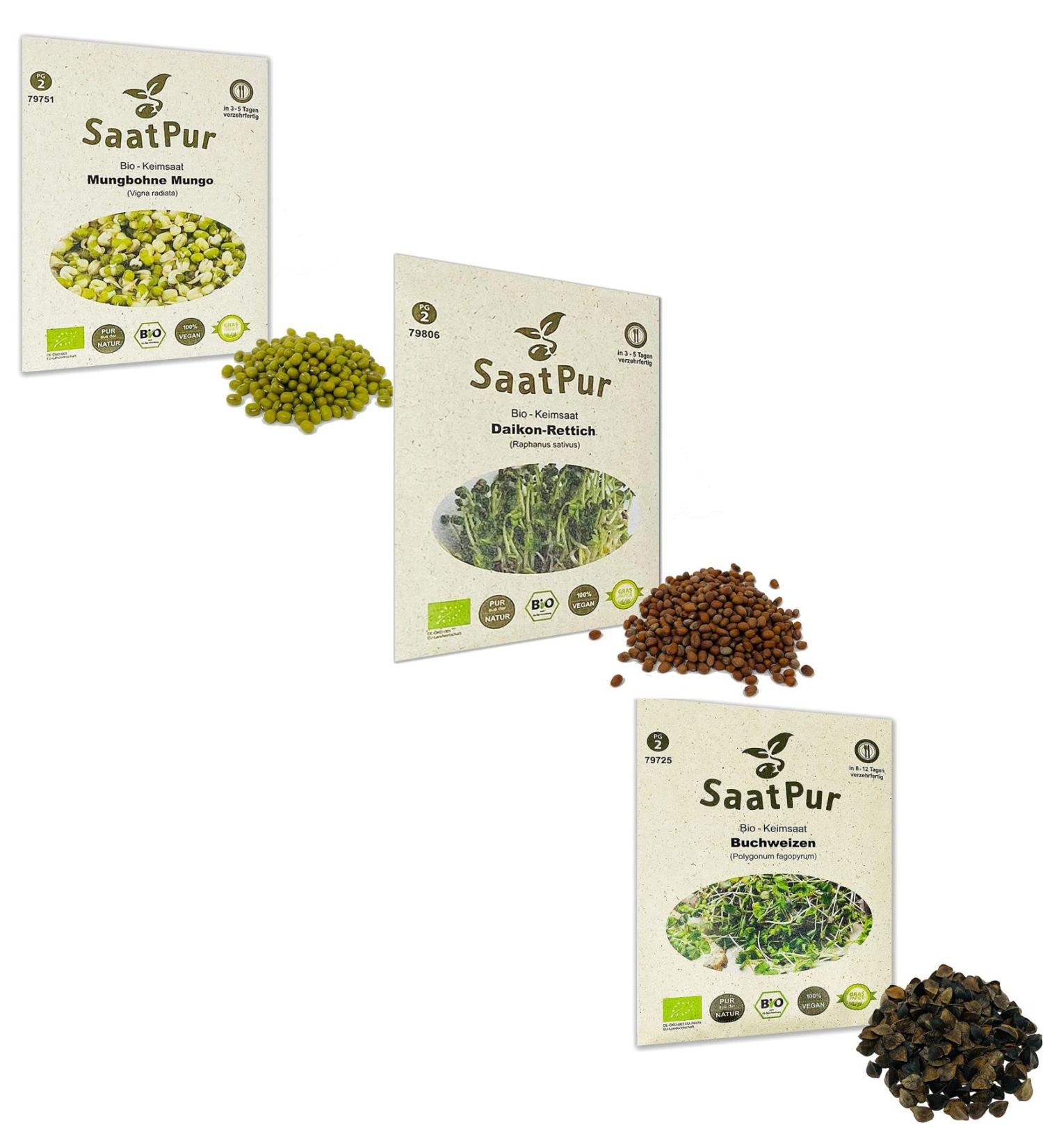 SaatPur Organic Sprouts Assortment - 3 Organic Varieties: Mungo Mung Bean Daikon Radish & Buckwheat Fitness Mix for Health & Wellness - Buy Online on GoSupps.com