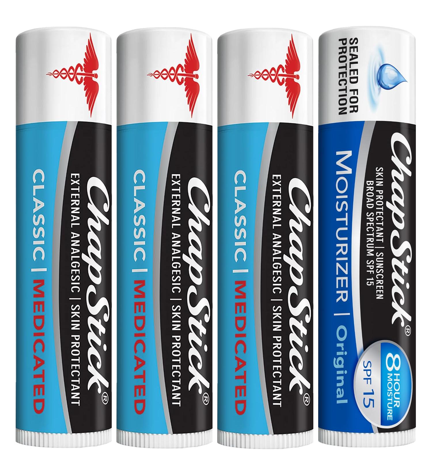 ChapStick Dry Lips & Cold Sore Pain Relief Bundle Classic Medicated ChapStick 3-Pack + Original Moisturizer Lip Balm with SPF 15 0.15 Oz Ea (4 Piece Set) 1 Count (Pack of 4) - Buy Online on GoSupps.com
