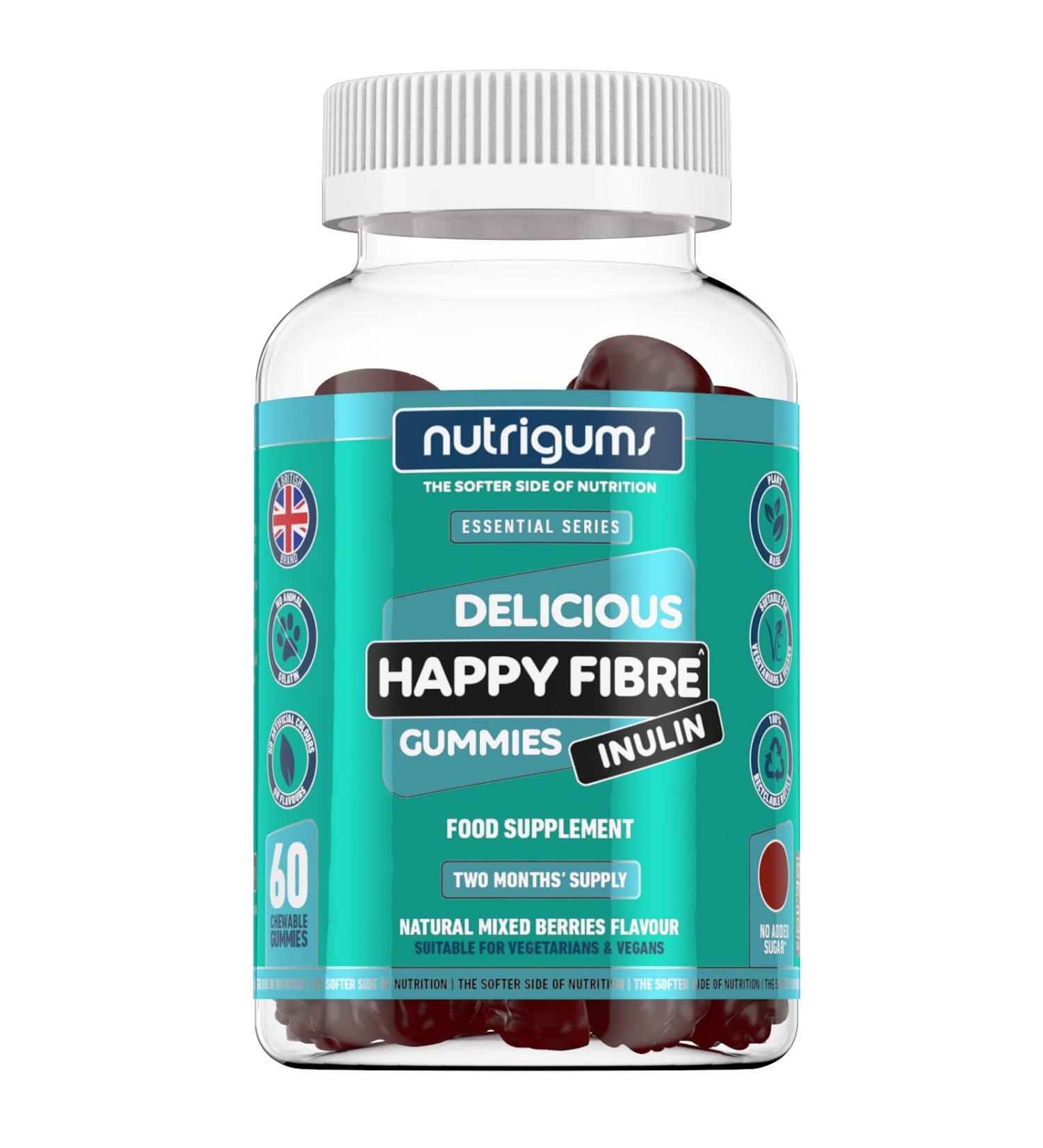 Happy Fibre Inulin Prebiotic Gummy | Mixed Berry Flavor - 60 Vegan Gummies | 3.8g Fiber - Gut Health Support | NUTRIGUMS - Buy Online on GoSupps.com