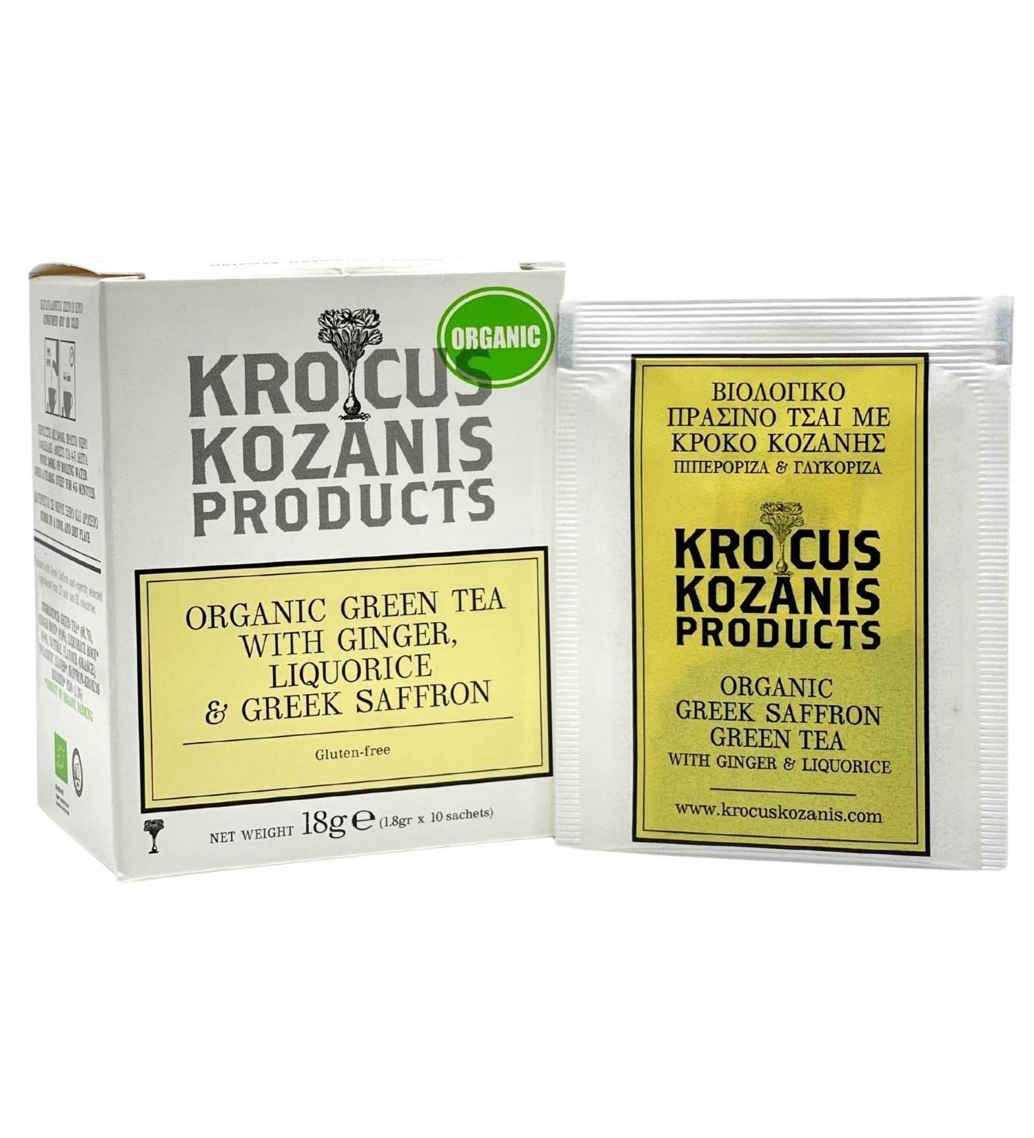 Ginger Green Tea Bags with Liquorice & Greek Saffron | Luxury Herbal Tea | Cleanse Tea | Detox Tea | Digestion Tea | Antioxidant Tea | Immunity Booster Tea | Gluten free | 10 Tea Bags | Krocus Kozanis - Buy Online on GoSupps.com