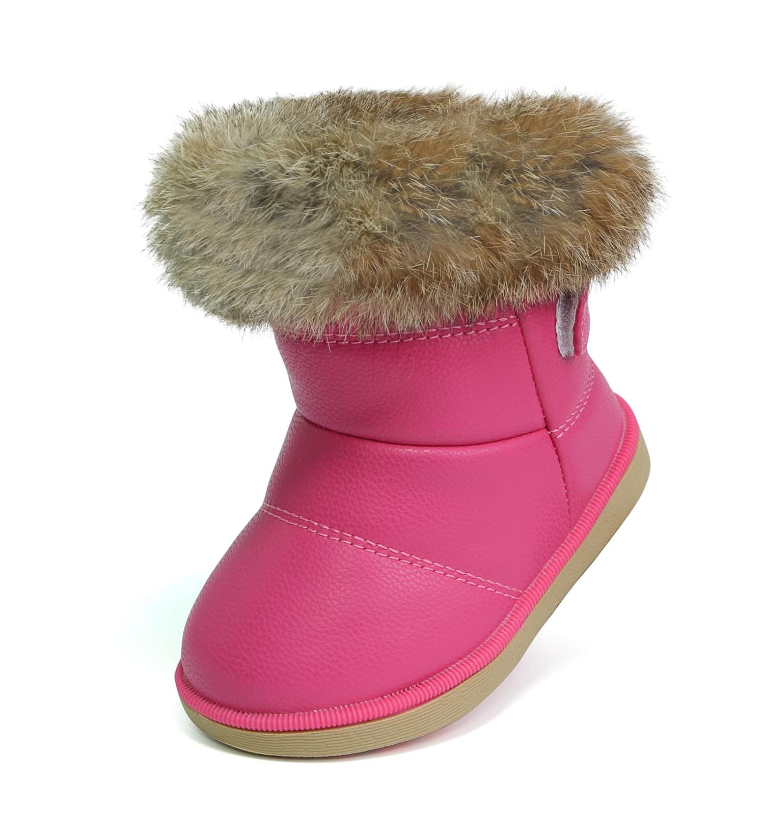 MINBEI Baby Girls Winter Snow Boots - Waterproof Soft Leather Booties for Toddler in Pink/White/Rose Gold/Brown - Size 9 UK Child - Buy Online on GoSupps.com