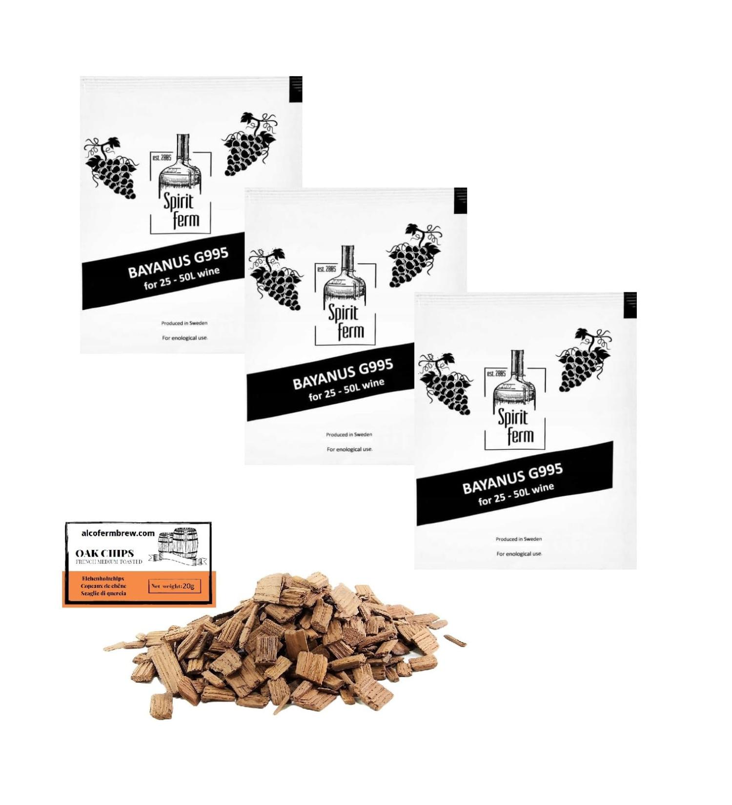 x Levure de Vin Bayanus 10g G995 + Copeaux de Chêne Français 20g - Levure pour la Fermentation du Vin | Levure de vin tout usage | Spirit Ferm