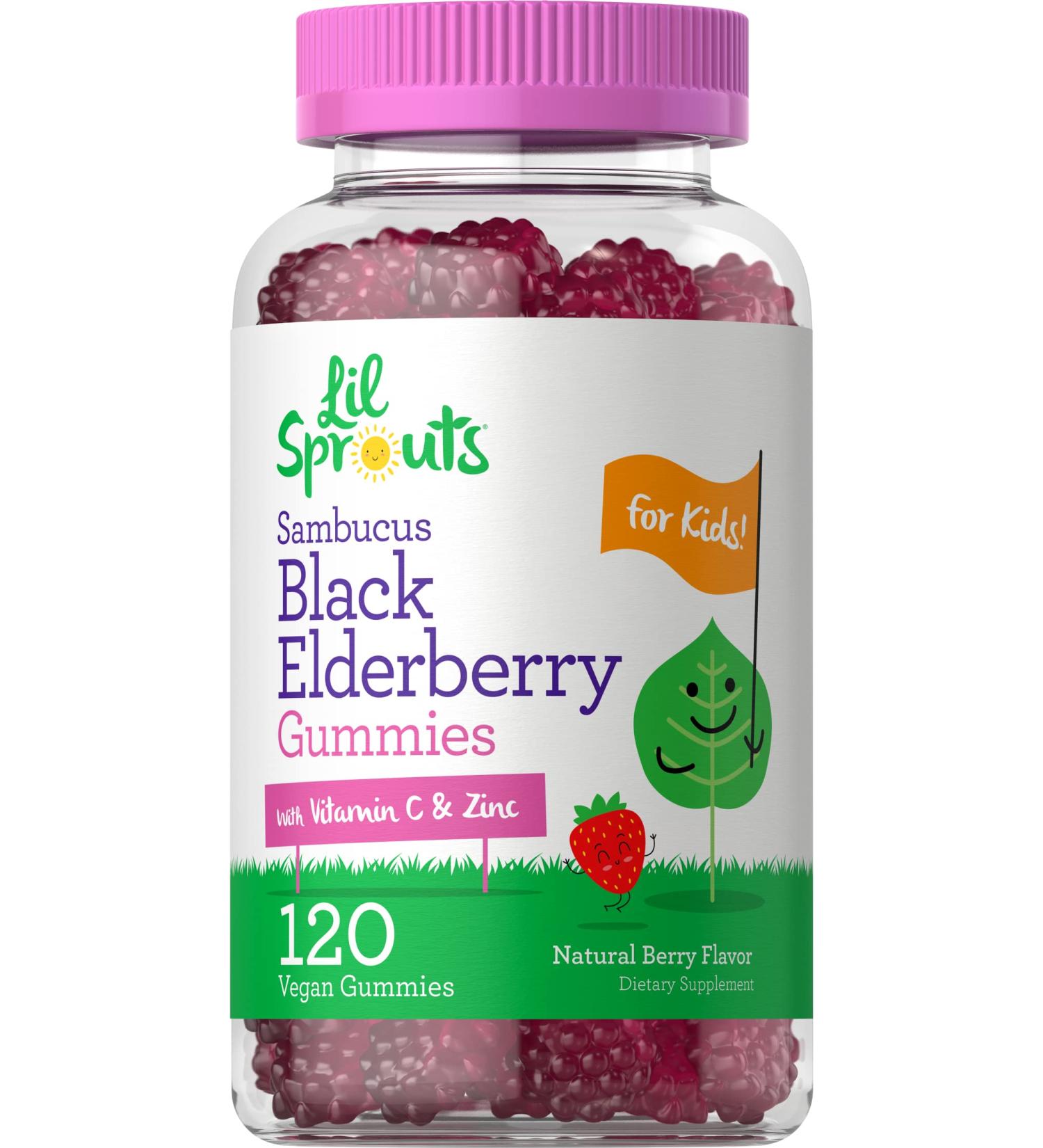 Elderberry Gummies for Kids - 120 Count Berry Flavor | Zinc, Vitamin C | Vegan, Non-GMO, Gluten-Free | Lil Sprouts - Buy Online on GoSupps.com