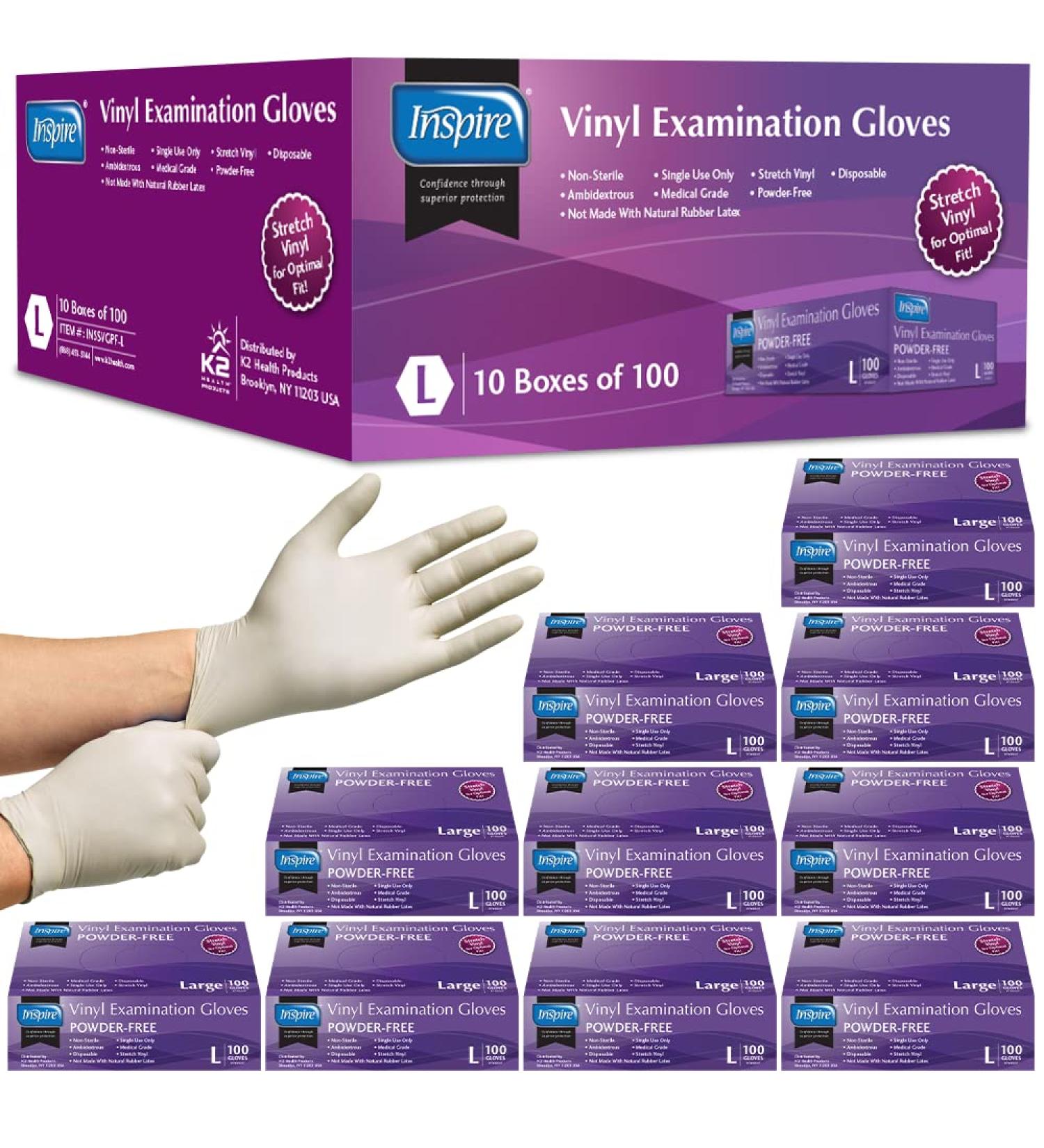 Inspire Stretch Vinyl Exam Gloves - Pack of 1000 | Latex-Free Disposable Medical Cleaning Gloves Large - Buy Online on GoSupps.com