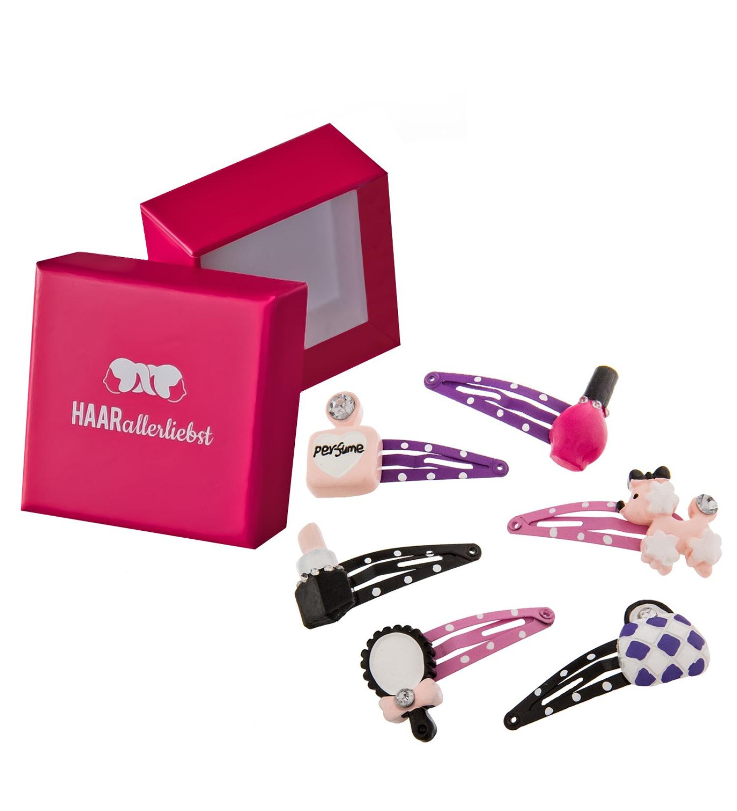 HAARallerliebst hair clip set (6 pieces | beauty set | colorful) for girls including box for storage (box color: pink)