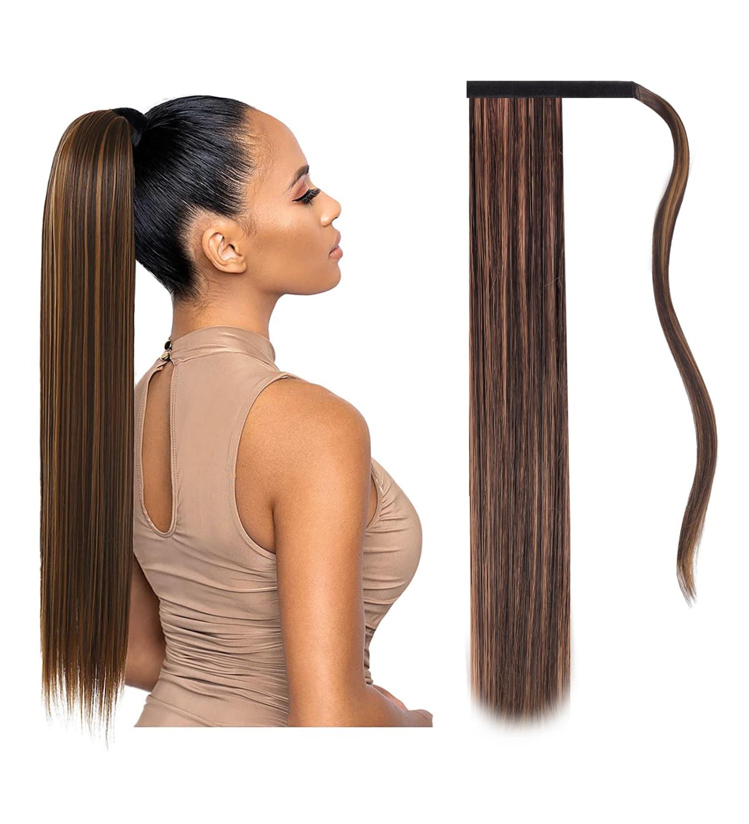 JJstar Ponytail Extension 70cm Long Straight Wrap Around Clip in Ponytail Hair Extensions Synthetic Hairpieces for Women Girls(Dark Brown/Golden) - Buy Online on GoSupps.com