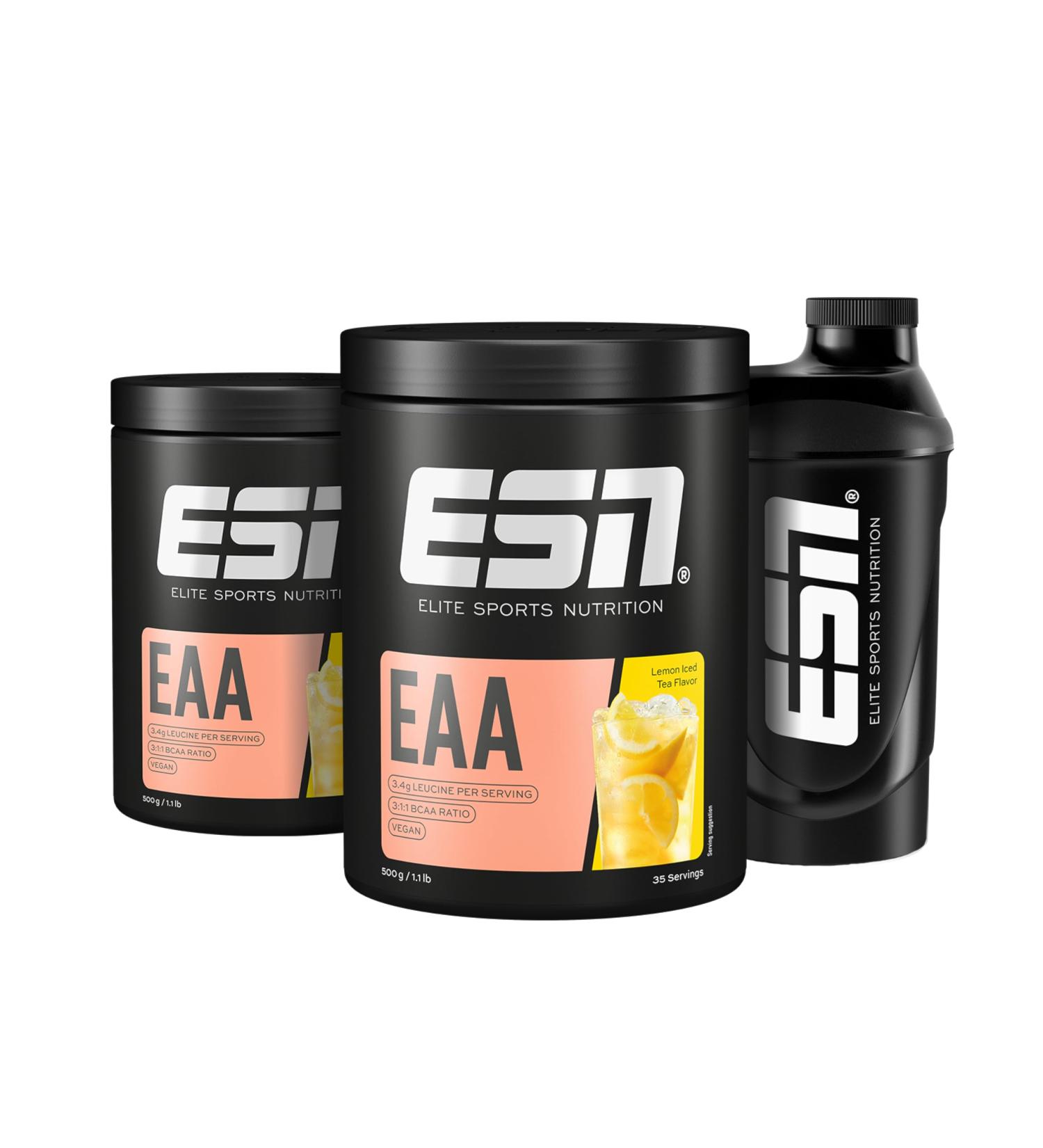 ESN EAA Lemon Iced Tea | 2 x 500g Vegan Amino Powder with 8 Essential Amino Acids + Free Shaker | High Solubility | Quality Tested | Made in Germany - Buy Online on GoSupps.com