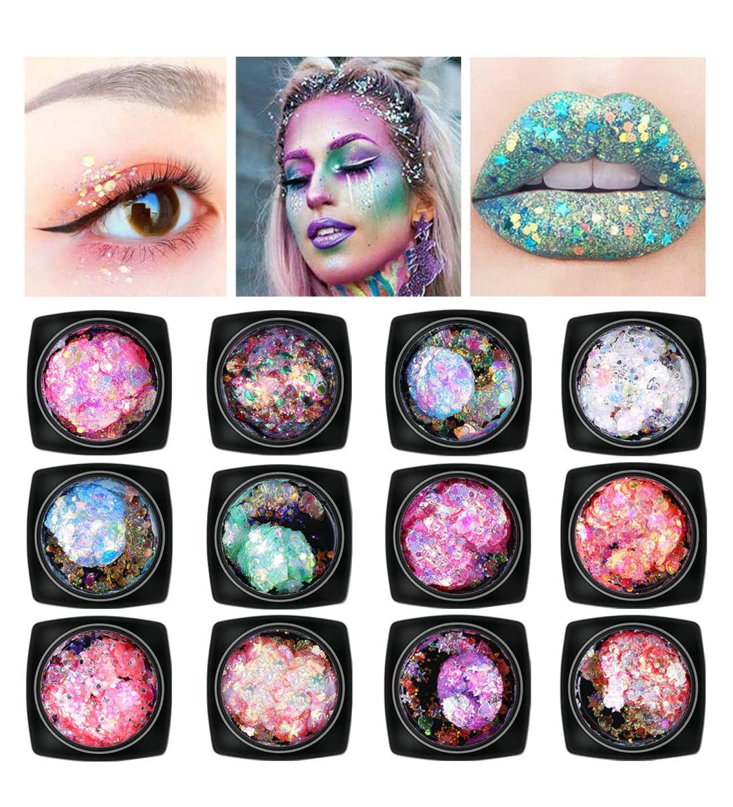 Chunky Holographic Body Glitter - 12 Color Mixed Cosmetic Sequins for Face, Eyes, Hair, Body - Festival Makeup & Nail Art - Buy Online on GoSupps.com
