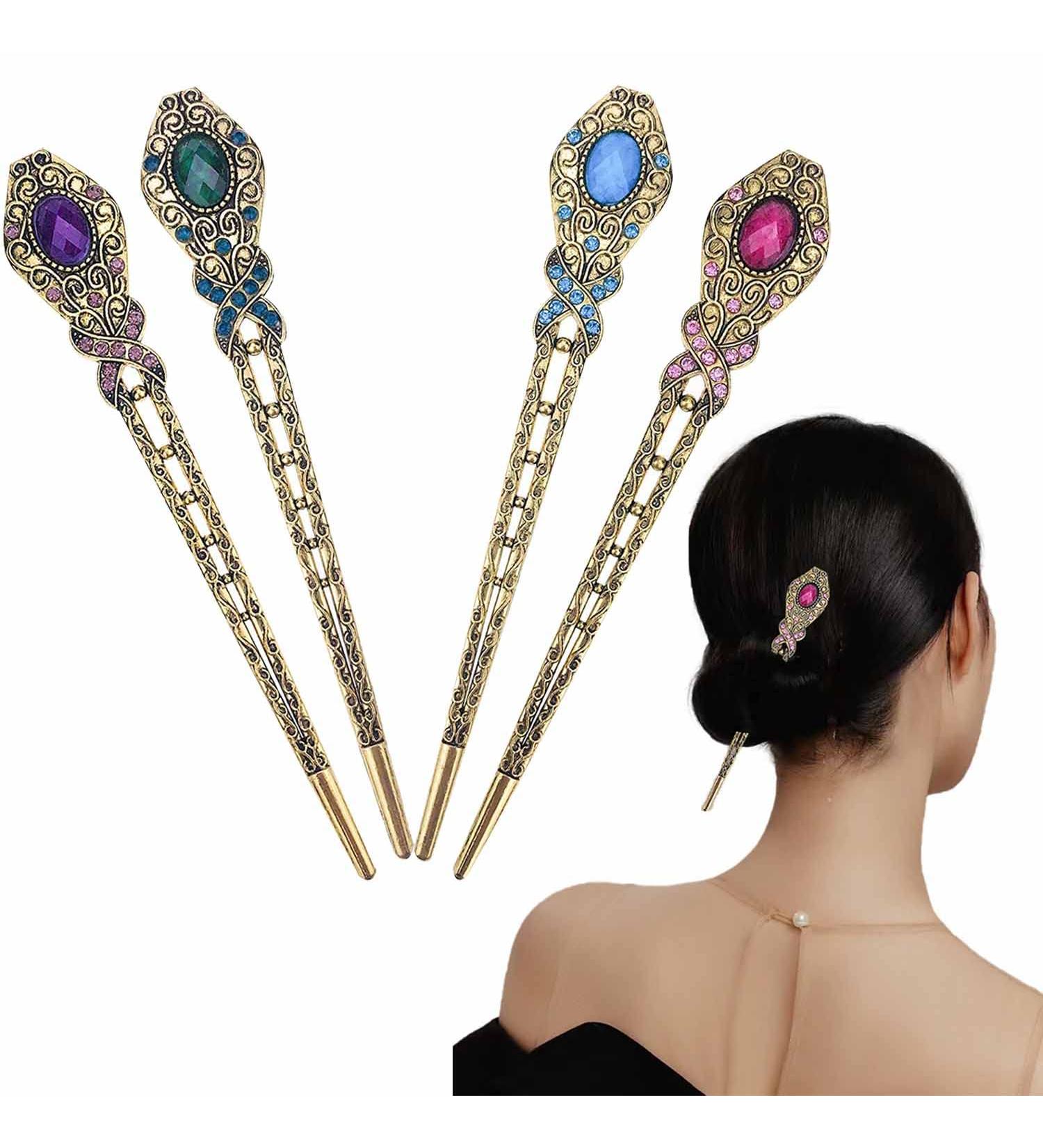 Chinese Vintage Rhinestone Hair Chopsticks Set for Women - 4 Pcs Hair Clips and Pins - Buy Online on GoSupps.com