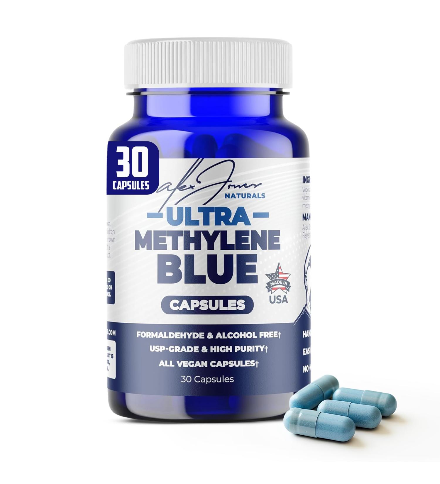Alex Jones Naturals Methylene Blue Tablets (10mg) High Purity, USP Grade with Vitamin C - Vegan, Unflavored Blue Methylene Capsules - Easy to Take Pills w/No Fillers or Dyes - 60 Count - Buy Online on GoSupps.com