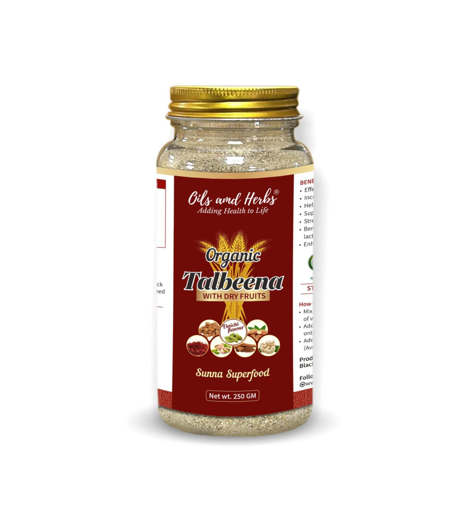 Organic Talbeenah Powder with Dry Fruits By Oils and Herbs UK Made in UK Includes Almond Cashew Cinnamon Cardamom Saffron Pistachia dry dates| Sunna Superfoods (500gm) - Buy Online on GoSupps.com