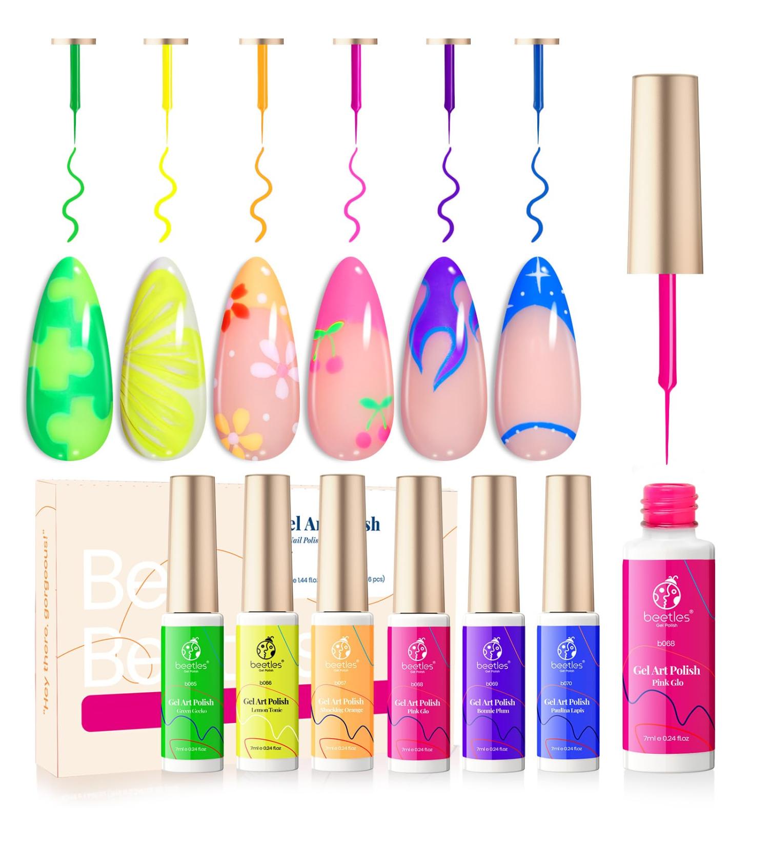 beetles Gel Polish Nail Art Gel Liner Polish Set - 6 Neon Gel Nail Polish Colours Hot Pink Orange Blue Yellow Paint for Nails Built Thin Brush in Bottle Soak off Uv LED Lamp Rainbow Nails-LG196 - Buy Online on GoSupps.com