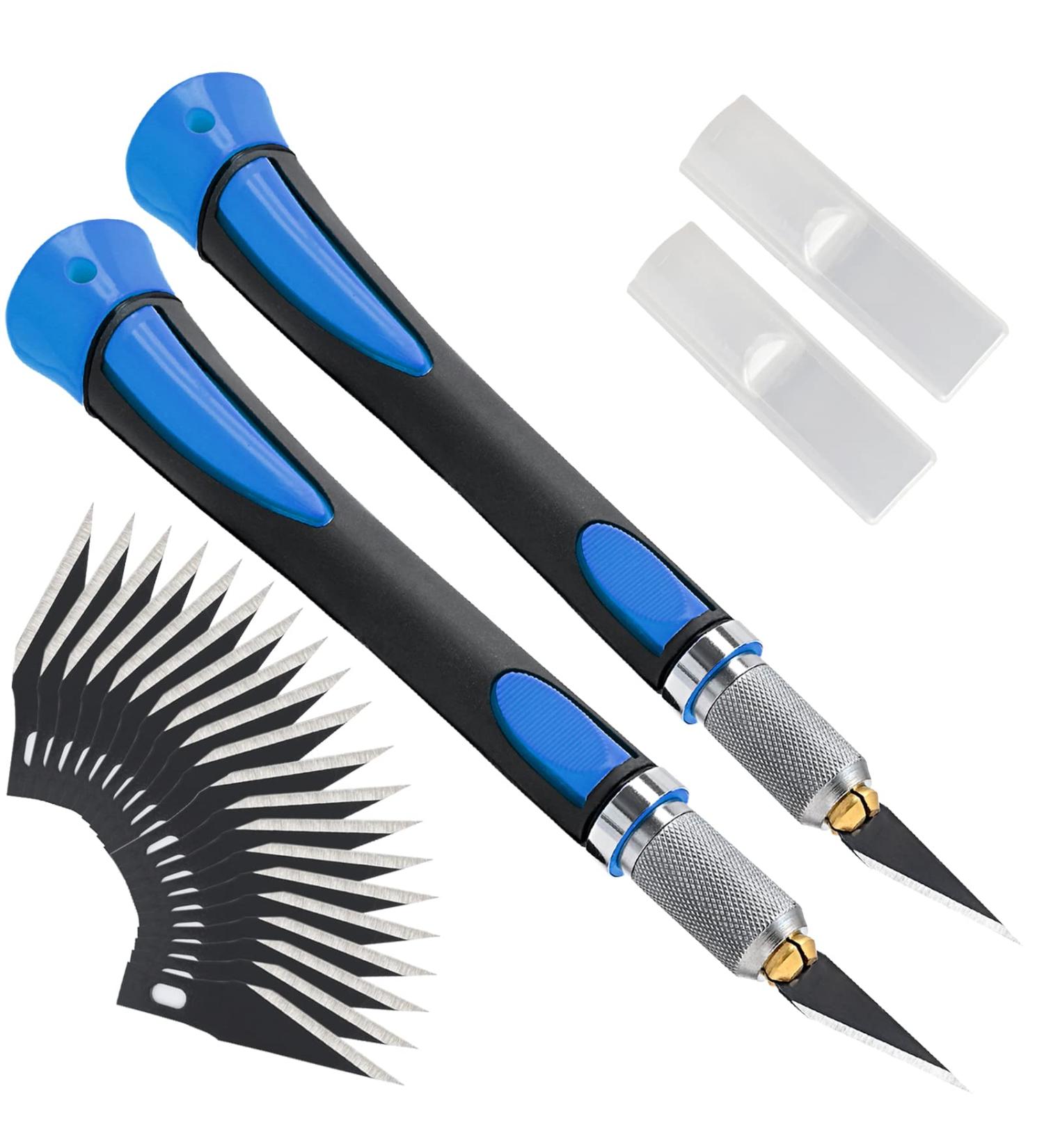 FOSHIO Precision Craft Knife Set - 2 Pack with 20 Replacement Blades, Non-Slip Handle, Protective Cover - for Art, Craft, Scrapbooking - Blue - Buy Online on GoSupps.com