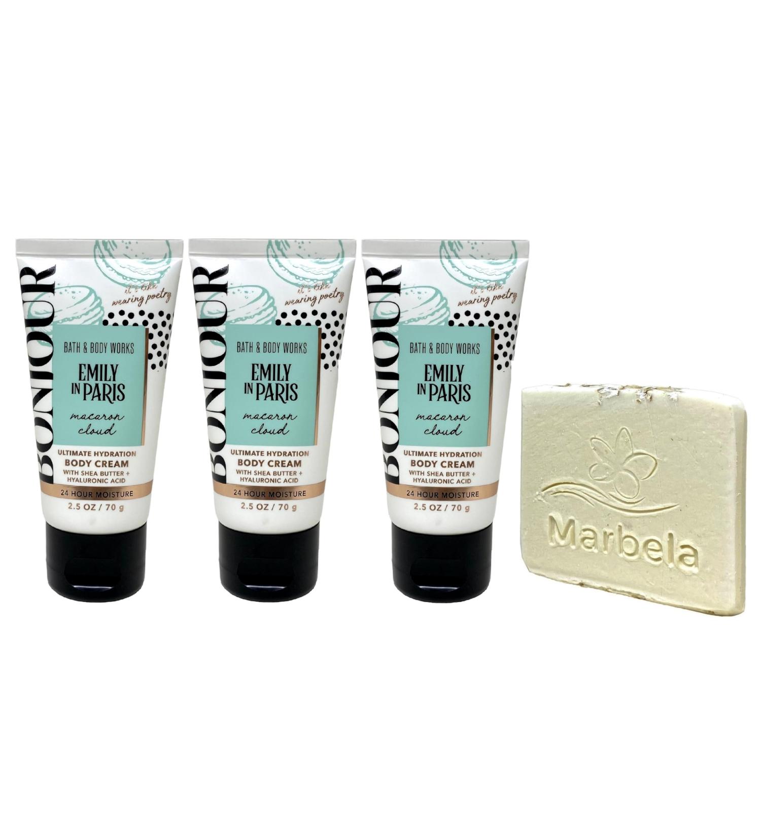 Bath & Body Works Emily In Paris Macaron Cloud 3 Pack Body Cream Bundle with a Natural Oats Sample Soap - Travel Size