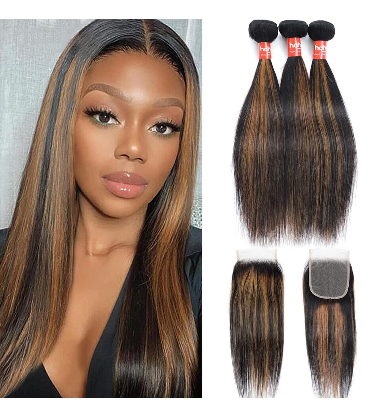Haha Brown Highlight Ombre Human Hair Bundles with Closure - 10A Remy Virgin Hair Weave - Colored Balayage - 3 Bundles + 4x4 Lace Closure Free Part - 12 12 12 + 10 Inch FB30 - Buy Online on GoSupps.com