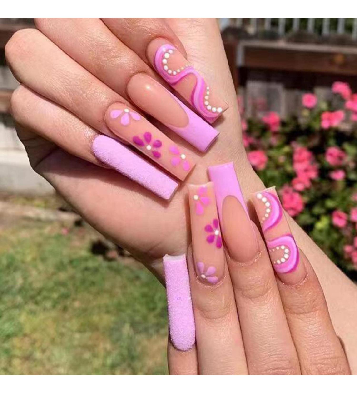 24Pcs Long Pointed Coffin Full Cover Artificial Fake Nails Smudged Glitter Pink Wearing Reusable False Nails Press On Nail Art New NAILS-W185