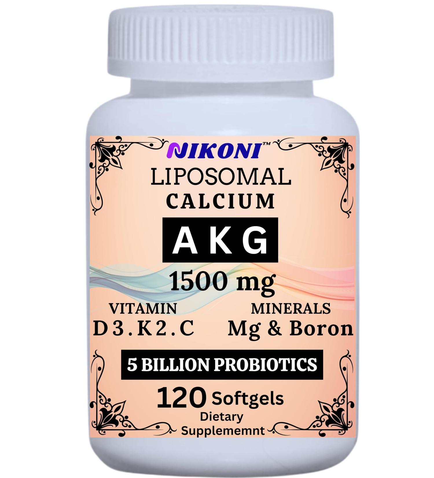 Liposomal Calcium AKG 1500mg, Vitamin C, D3, K2, Mg+ & Probiotics Supplement-120 Softgels - Buy Online on GoSupps.com