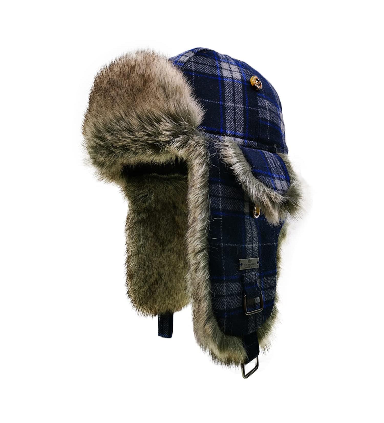 Wool Faux Fur Winter Trapper Hat | Blue Aviator Ski Trooper Hat with Ear Flaps | Men & Women | Small-Medium - Buy Online on GoSupps.com